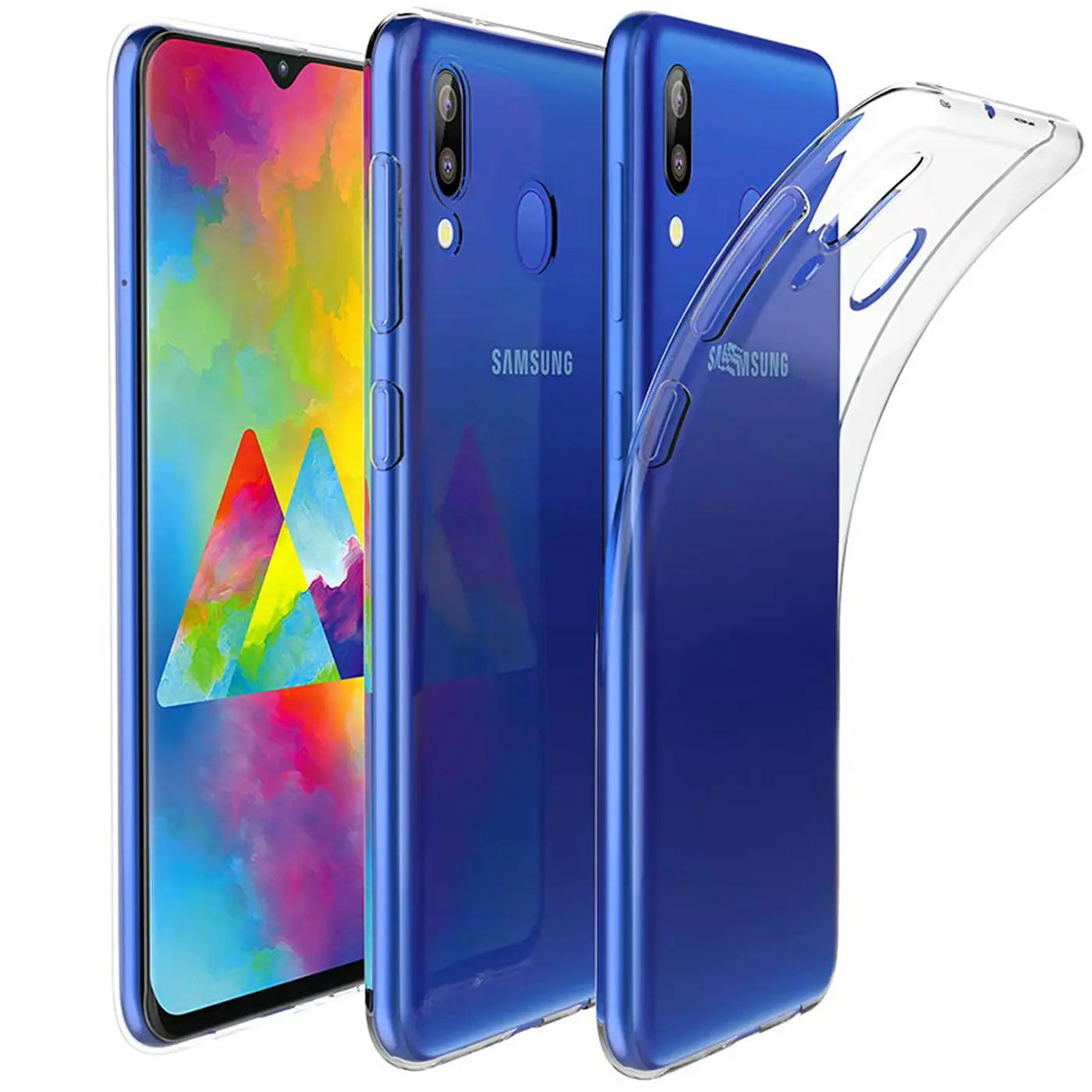 Drei blaue Samsung Galaxy M20 mit transparentem Schutzcase, von vorne und von hinten.
