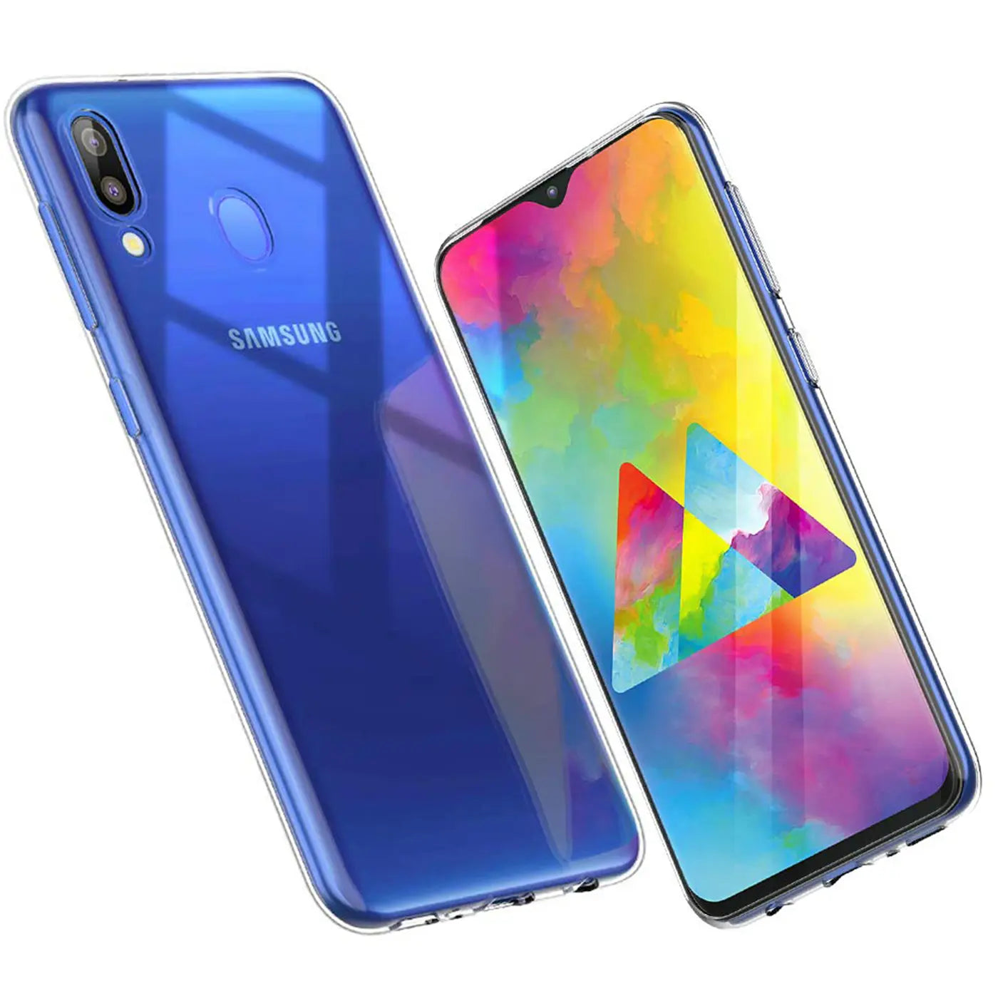 Samsung Galaxy M20 in klarem, dünnem Case, von schräg vorne/hinten, blaues Handy