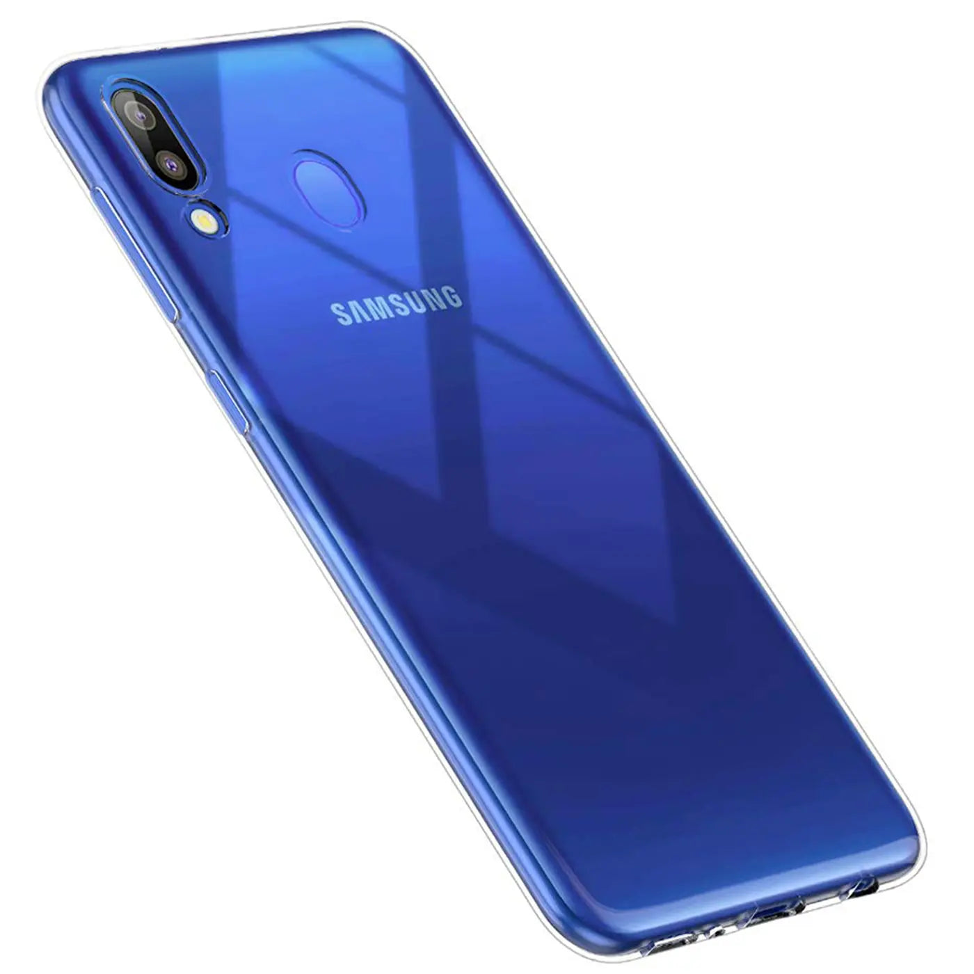 Samsung Galaxy M20 in klarem, transparentem Case, Rückseite von schräg oben