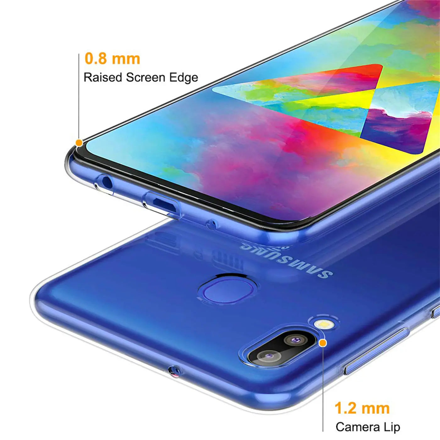 Klares, transparentes Handyhülle aus Kunststoff, Samsung Galaxy M20, von oben/schräg
