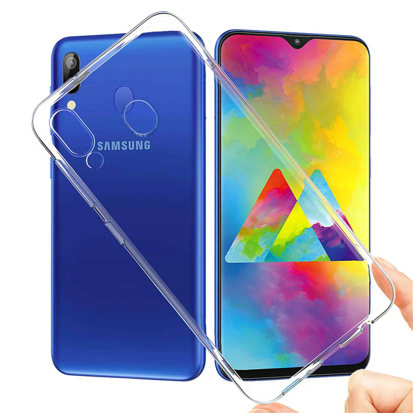Klares, flexibles Handyhülle aus Kunststoff, Vorder- und Rückansicht eines blauen Samsung Galaxy M20.