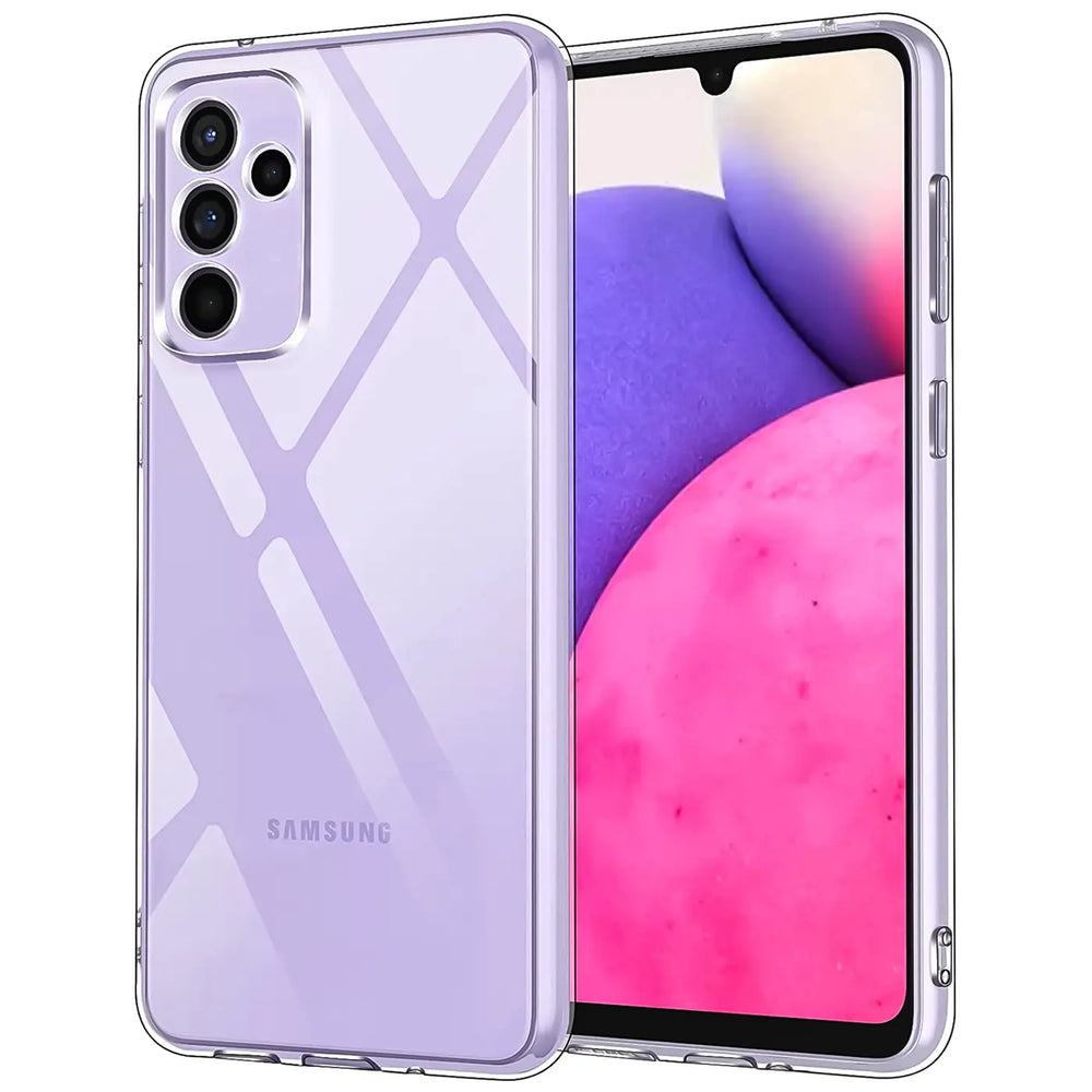 Klar, transparente Handyhülle aus TPU mit Samsung Galaxy M23 5G/M13. Von vorne links.