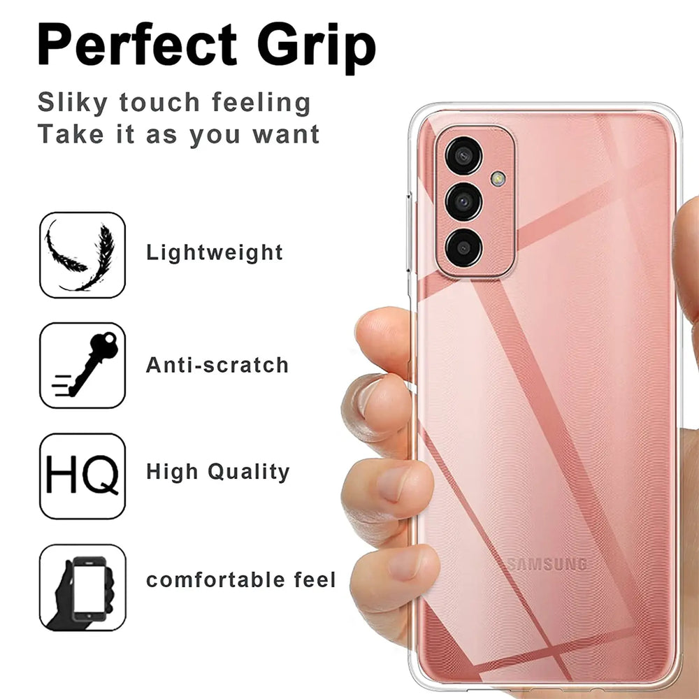 Transparente Hülle aus Kunststoff, die ein rosafarbenes Samsung Galaxy M23 5G zeigt.