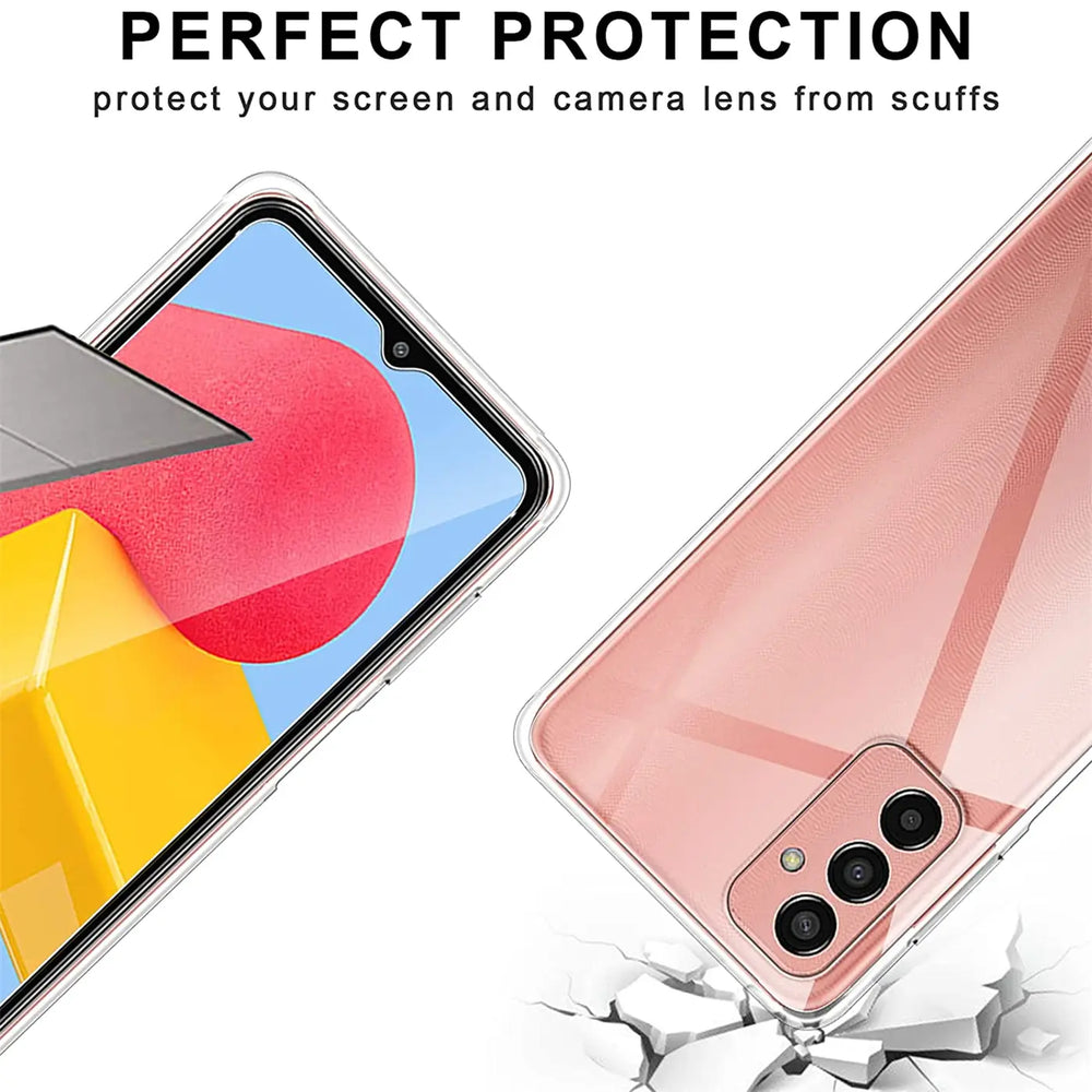 Klares, dünnes Case aus Kunststoff, zeigt Vorder- und Rückseite eines rosafarbenen Samsung Galaxy M23 5G.