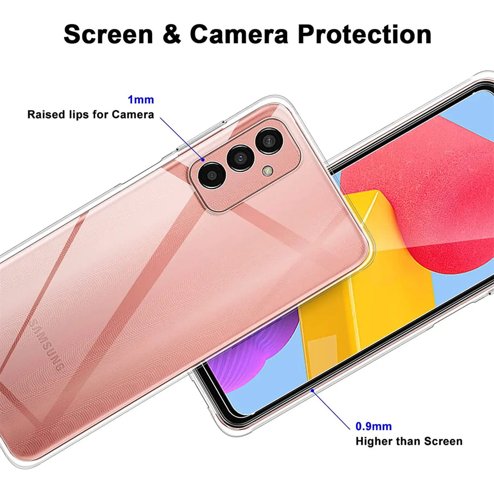 Klar, transparentes Case mit Samsung Galaxy M23 5G/M13, von oben links, Nahaufnahme.