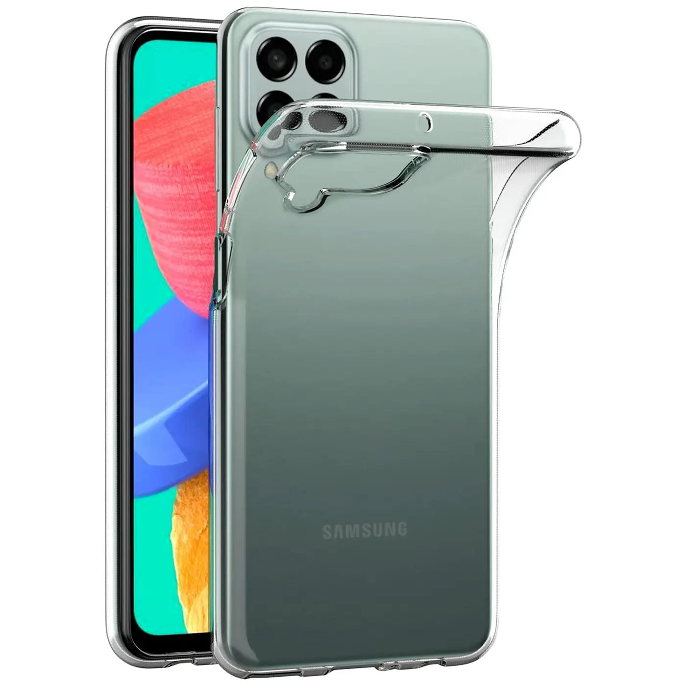 Klar transparente Hülle aus Kunststoff, seitliche Ansicht, auf Samsung Galaxy M33 5G.