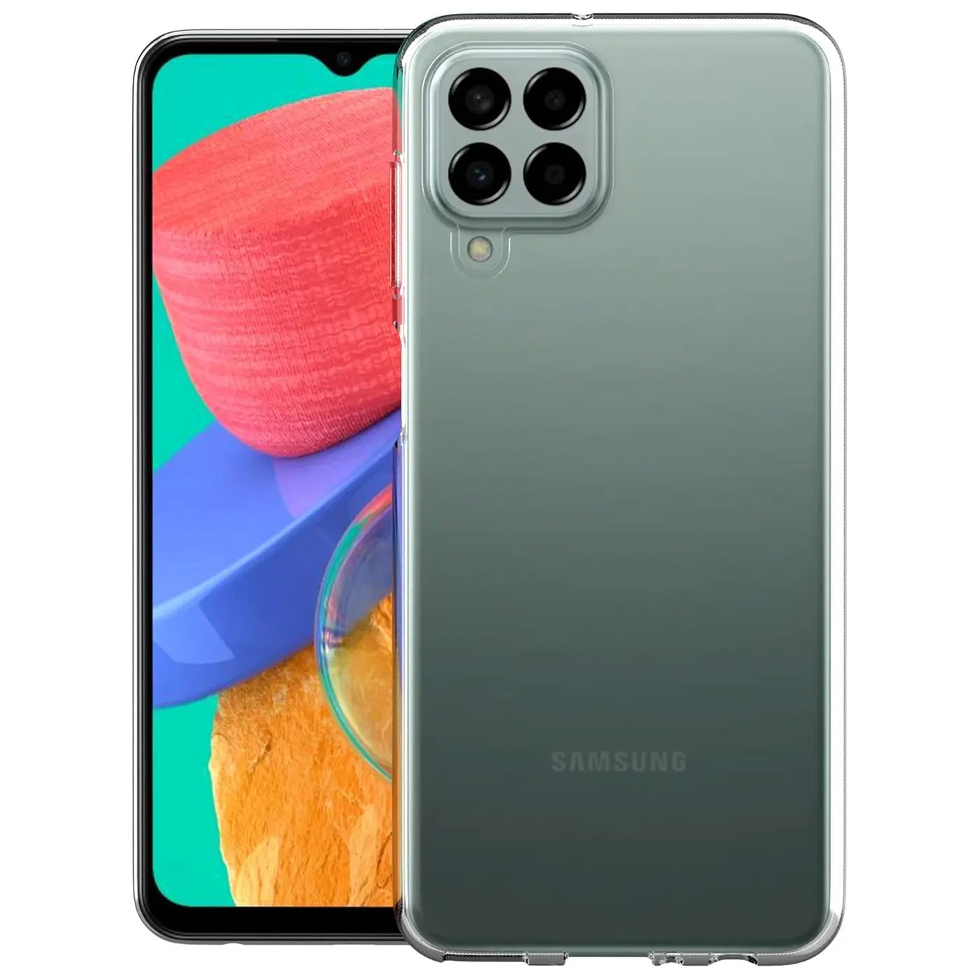 Samsung Galaxy M33 5G in transparentem Slim Case, von vorne/hinten, mit Kamera-Array.