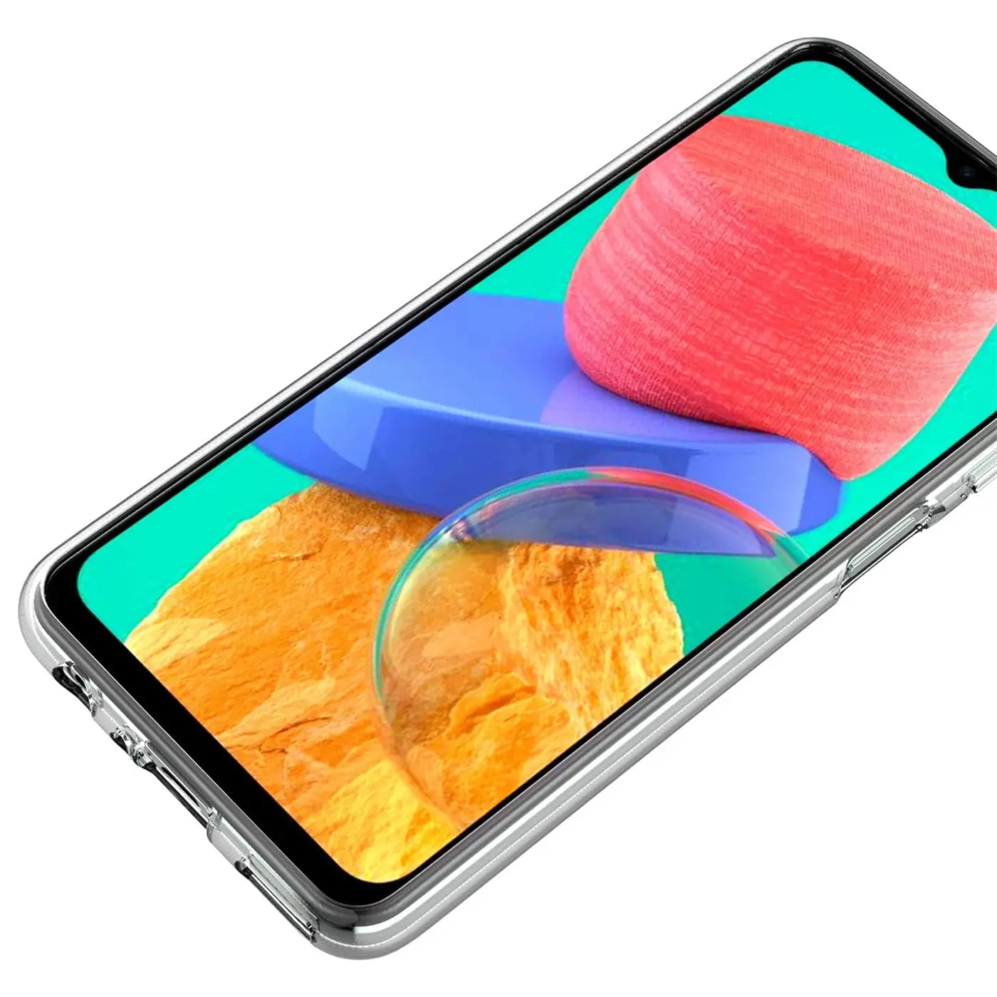 Klares, transparentes Handy-Case aus Kunststoff, schräg von oben auf ein Samsung Galaxy M33 5G.