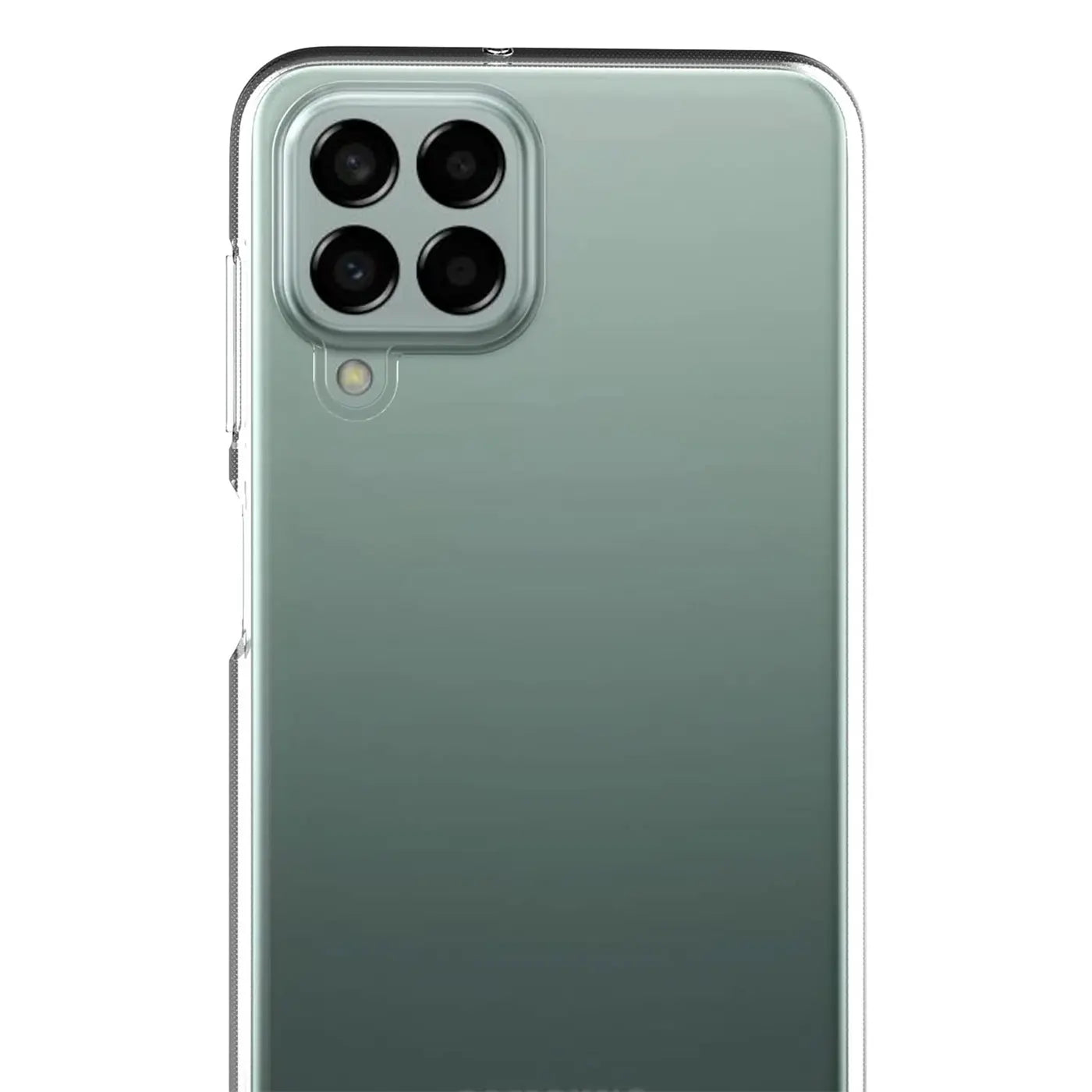 Samsung Galaxy M33 5G in grün, klare Hülle, Rückansicht, Nahaufnahme.