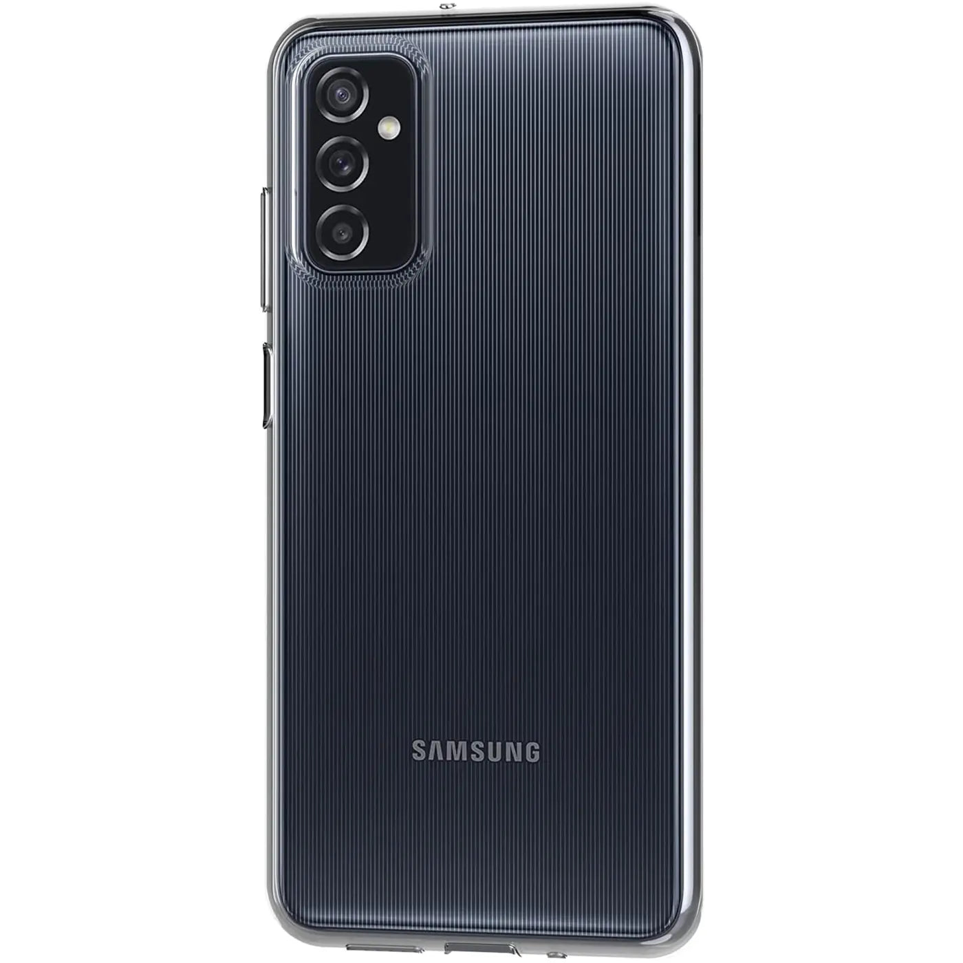 Samsung Galaxy M52 5G in transparentem Kunststoffgehäuse, Rückansicht, leicht schräg.