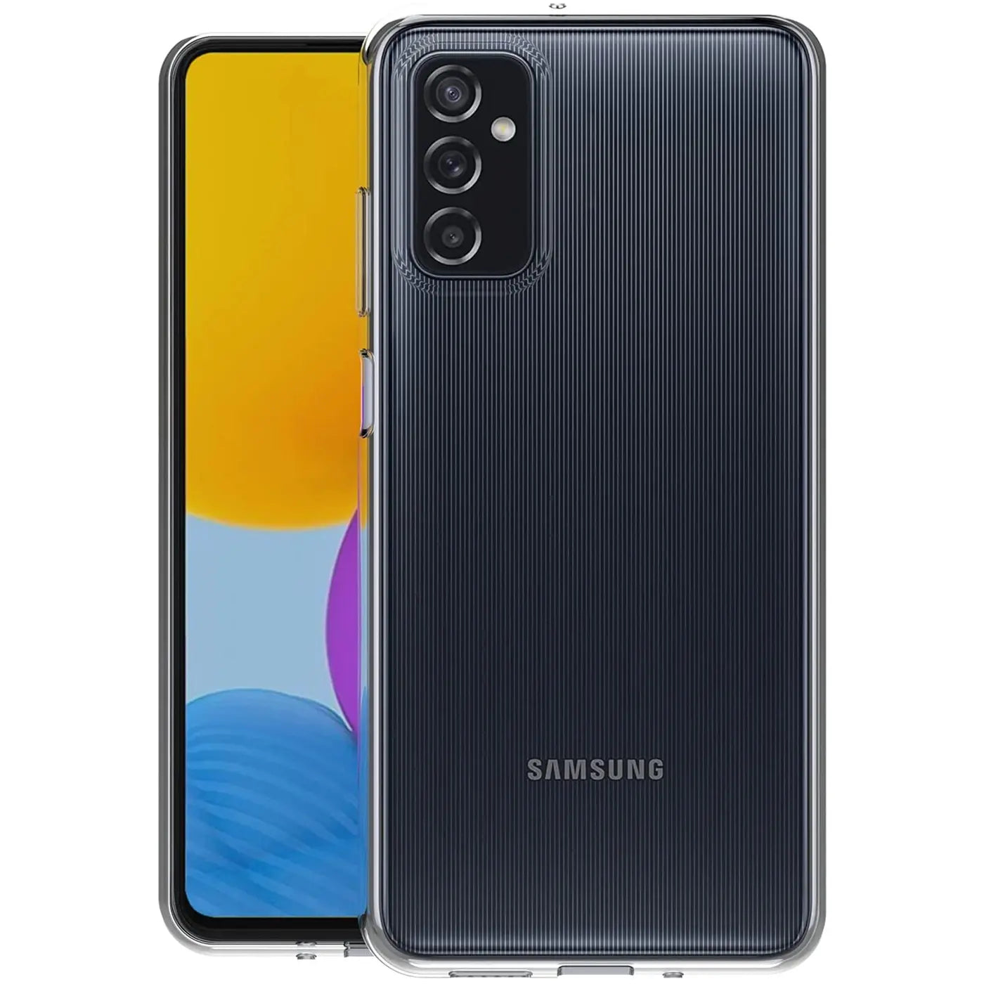 Samsung Galaxy M52 5G in klarem, dünnem Kunststoffgehäuse, Rückansicht.