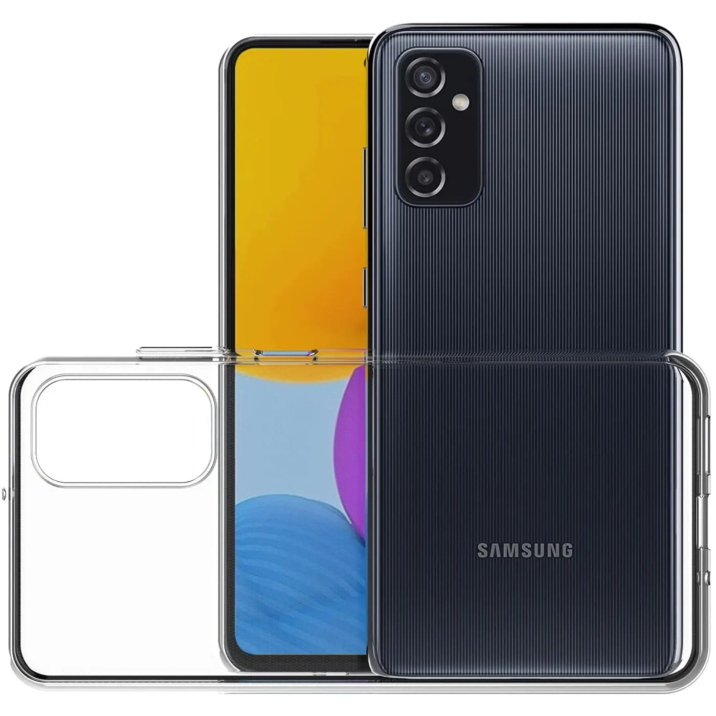 Klares, dünnes Handyhülle aus Kunststoff, Vorder- und Rückansicht, Samsung Galaxy M52 5G.