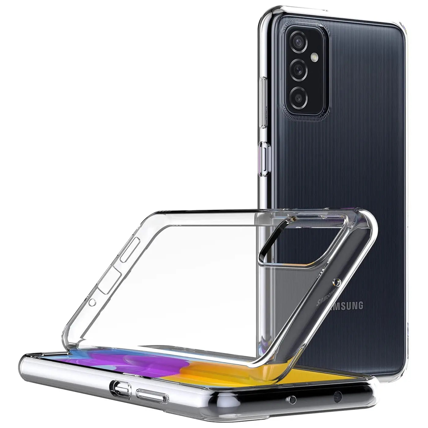 Klares Silikoncase, das auf ein Samsung Galaxy M52 5G gelegt wird. Von vorne, leicht schräg.
