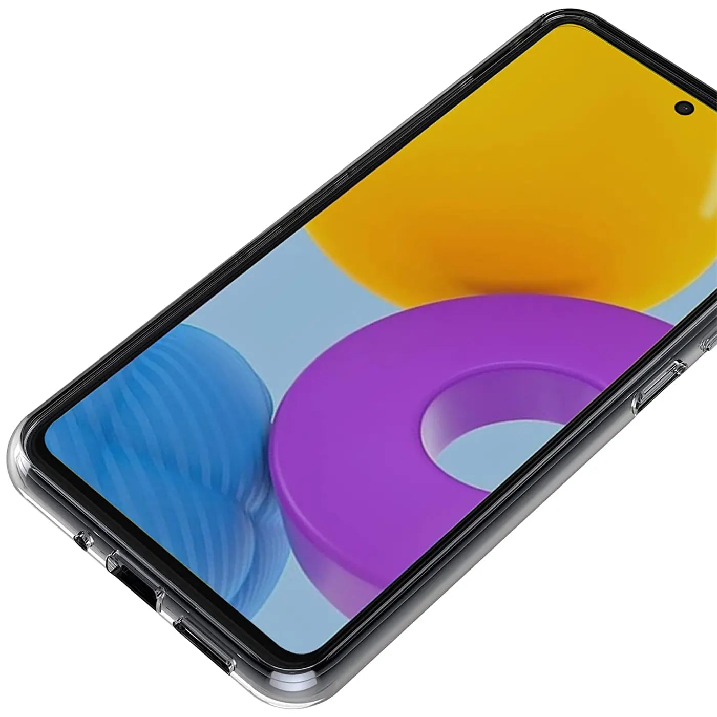 Samsung Galaxy M52 5G in transparentem Case, Draufsicht.
