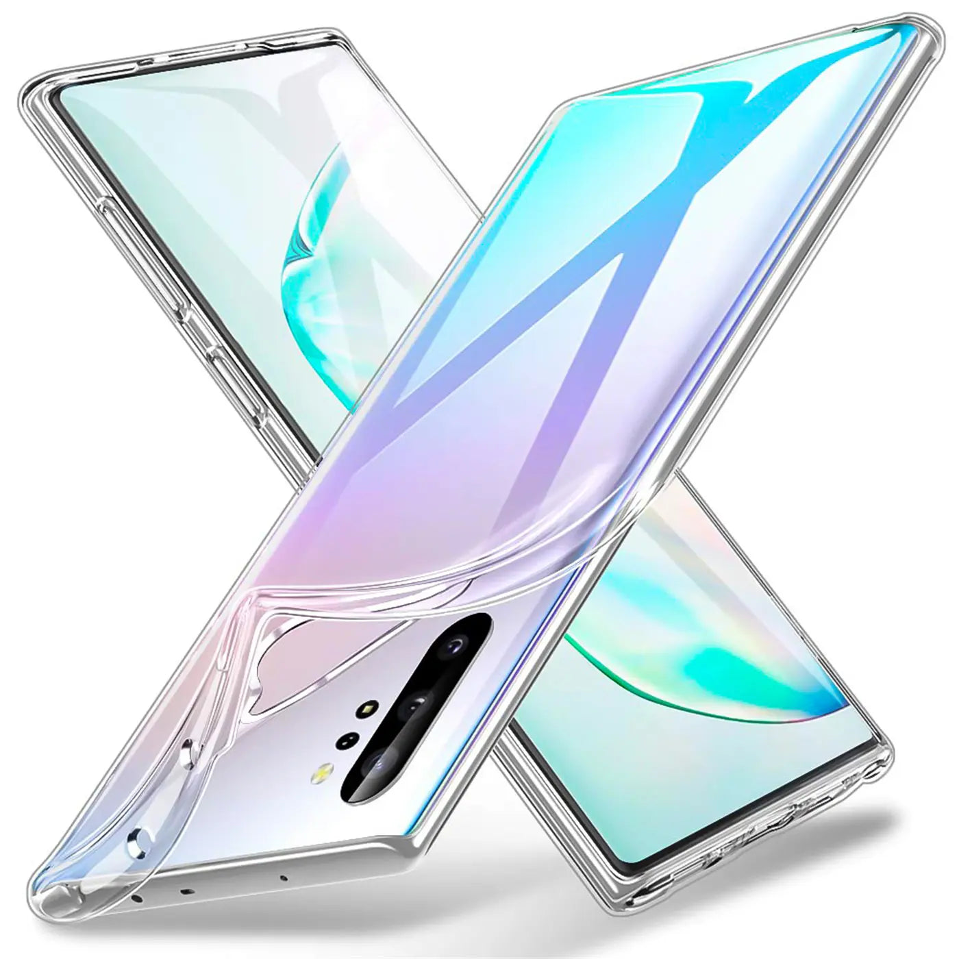 Transparente Hülle aus Kunststoff, schräg von vorne, zeigt Samsung Galaxy Note 10 Plus.