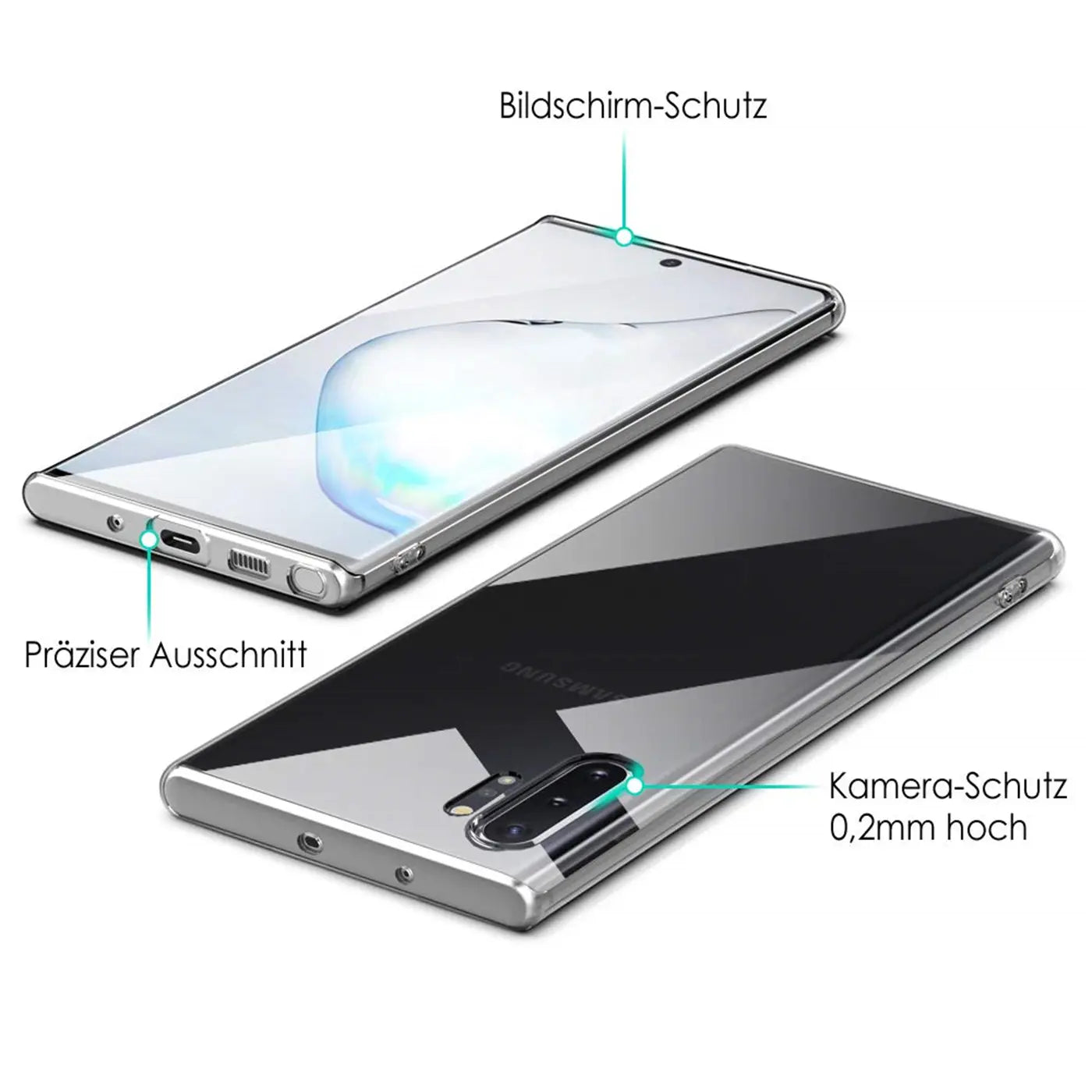 Samsung Galaxy Note 10 Plus in klarem, schlankem Case, von oben und unten gezeigt.