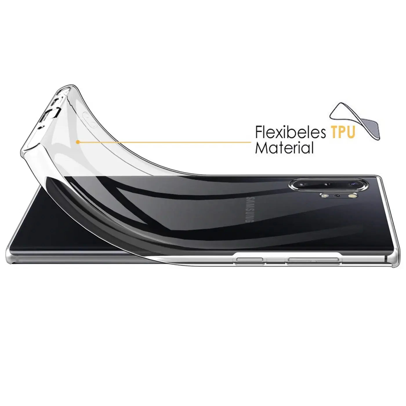 Klares TPU-Case, das sich über ein Samsung Galaxy Note 10 Plus legt. Draufsicht.