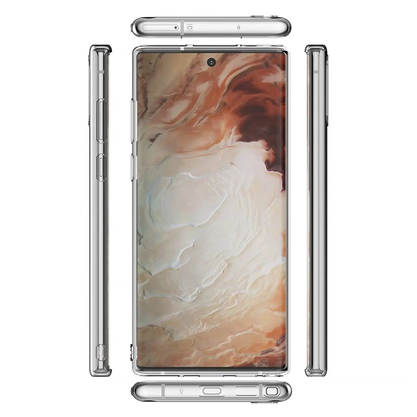 Klares Slim Case aus Kunststoff um ein Samsung Galaxy Note 10 Plus, von vorne, oben und seitlich gezeigt.