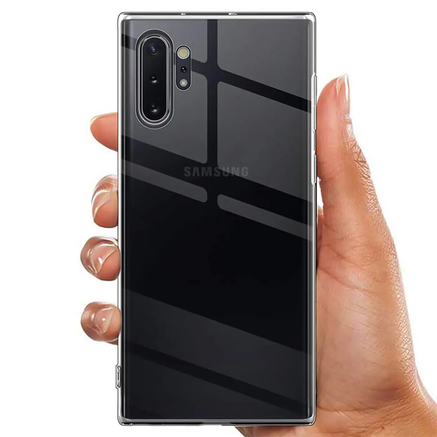 Samsung Galaxy Note 10 Plus in klarem, schlankem Case, von hinten, von einer Hand gehalten.