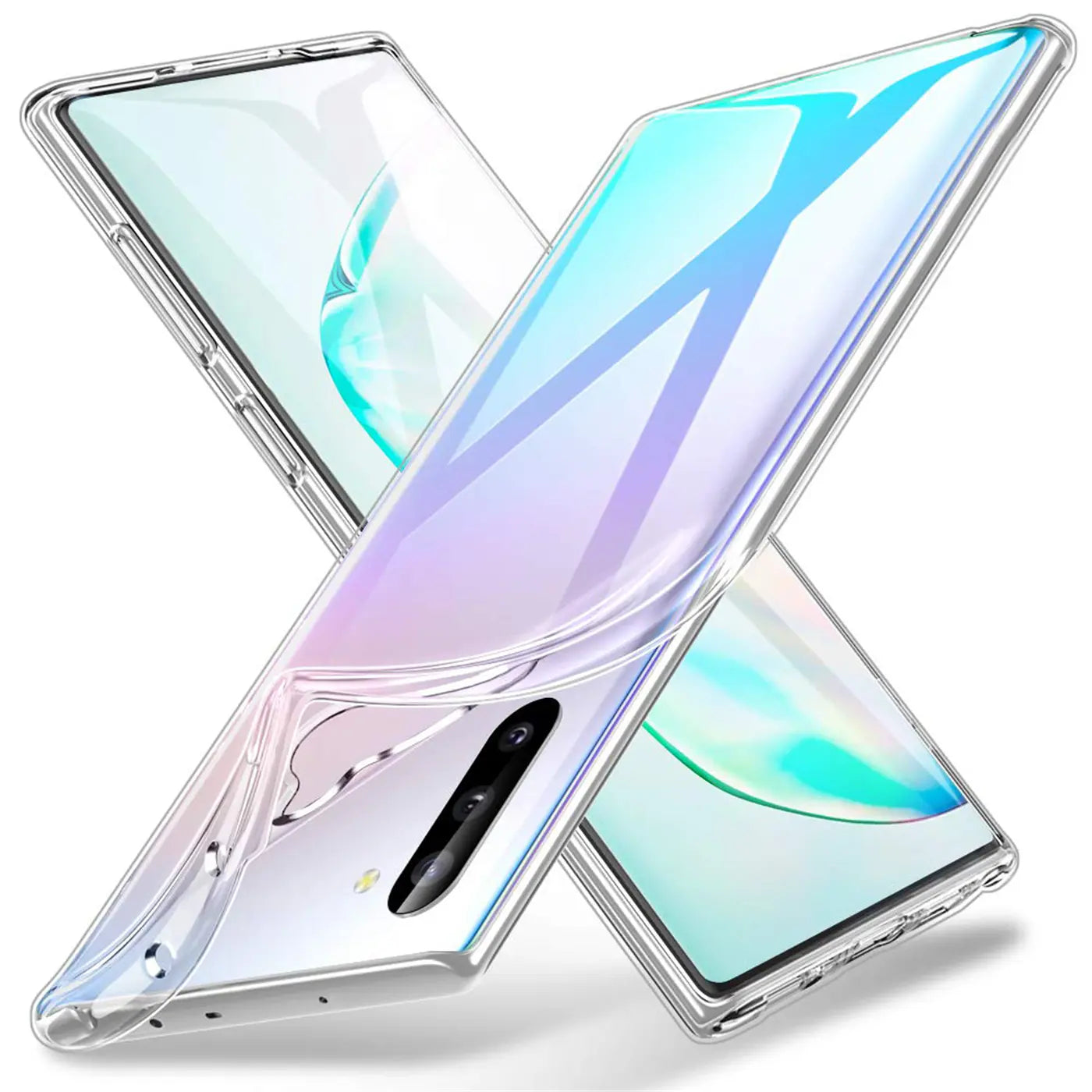 Klares, ultra-dünnes Handy-Case aus Kunststoff, zeigt Samsung Galaxy Note 10, von schräg oben.