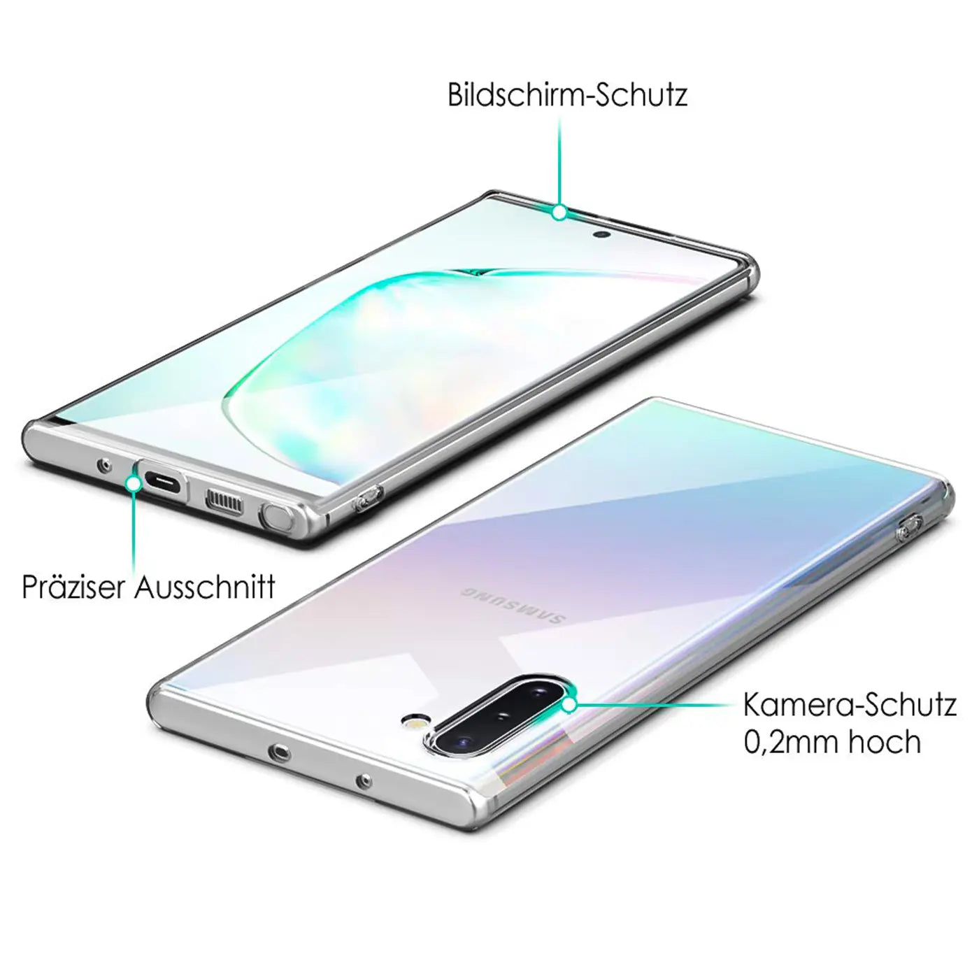 Klares Slim Case aus Kunststoff auf einem Samsung Galaxy Note 10, Draufsicht.