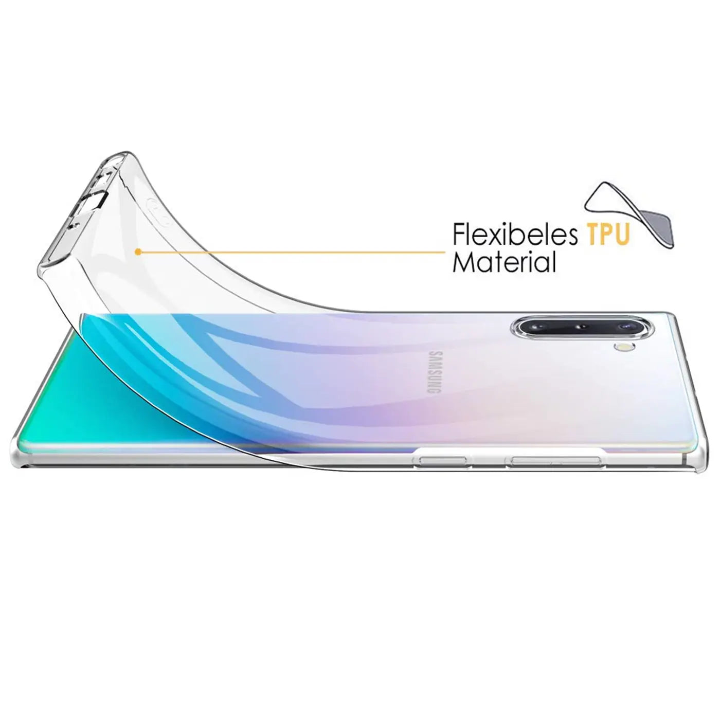 Klares TPU-Case, das über ein Samsung Galaxy Note 10 gelegt wird, von schräg oben.