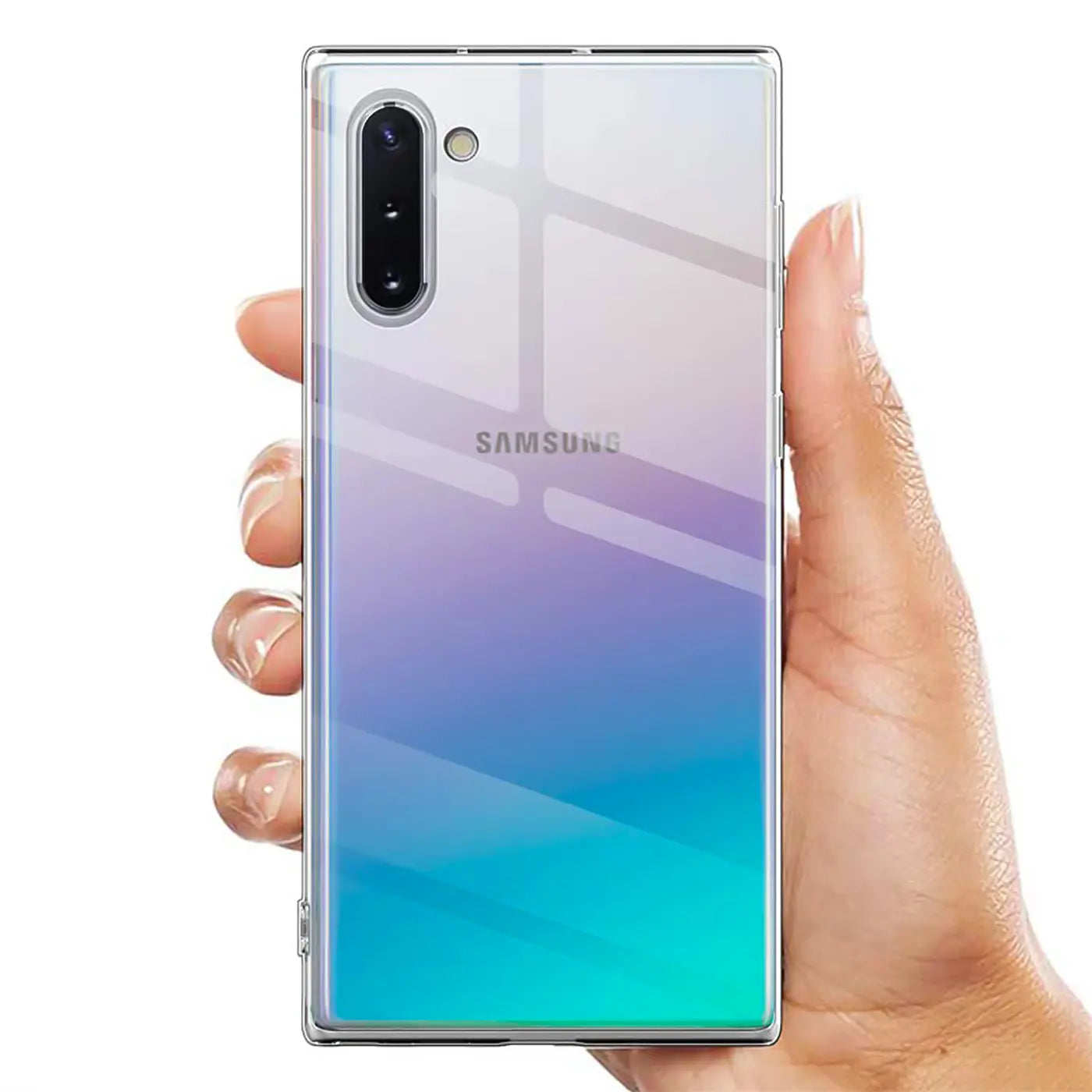Samsung Galaxy Note 10 in klarer Hülle, von hinten, von Hand gehalten.