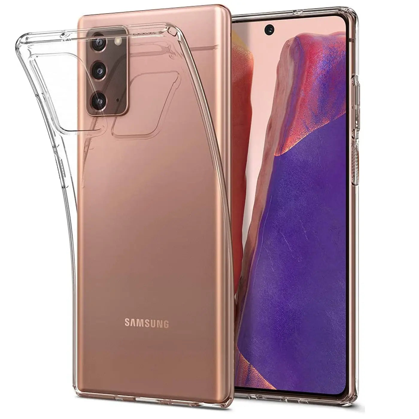 Klarhülle aus TPU um ein bronzefarbenes Samsung Galaxy Note 20, von hinten und seitlich gezeigt.