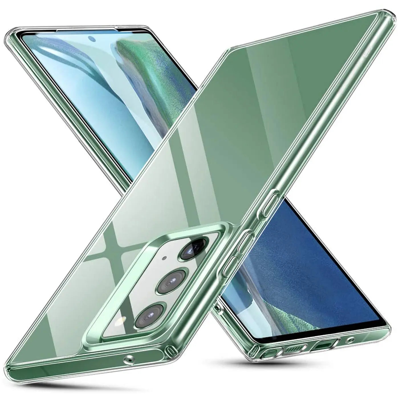 Klar, transparentes Handyhülle aus Kunststoff mit Samsung Galaxy Note 20, von schräg oben.
