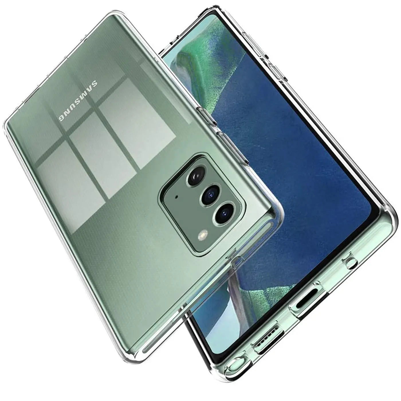 Klar, transparentes Handyhülle aus Kunststoff, schräg von oben, auf Samsung Galaxy Note 20.