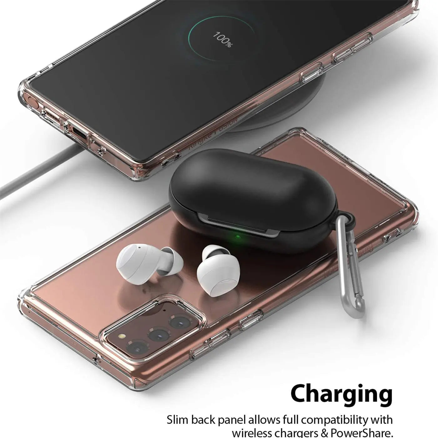 Klares Case auf bronzefarbenem Samsung Galaxy Note 20 mit Ladecase und Ohrhörern.