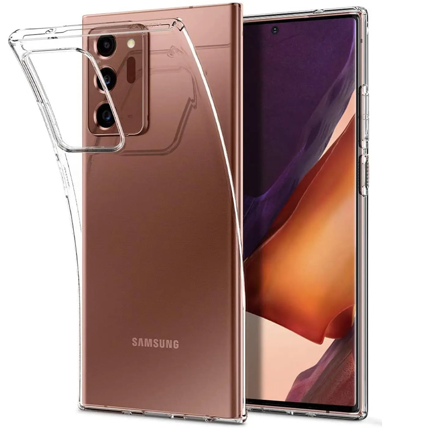 Klarhülle aus Kunststoff, von schräg hinten, zeigt Samsung Galaxy Note 20 Ultra