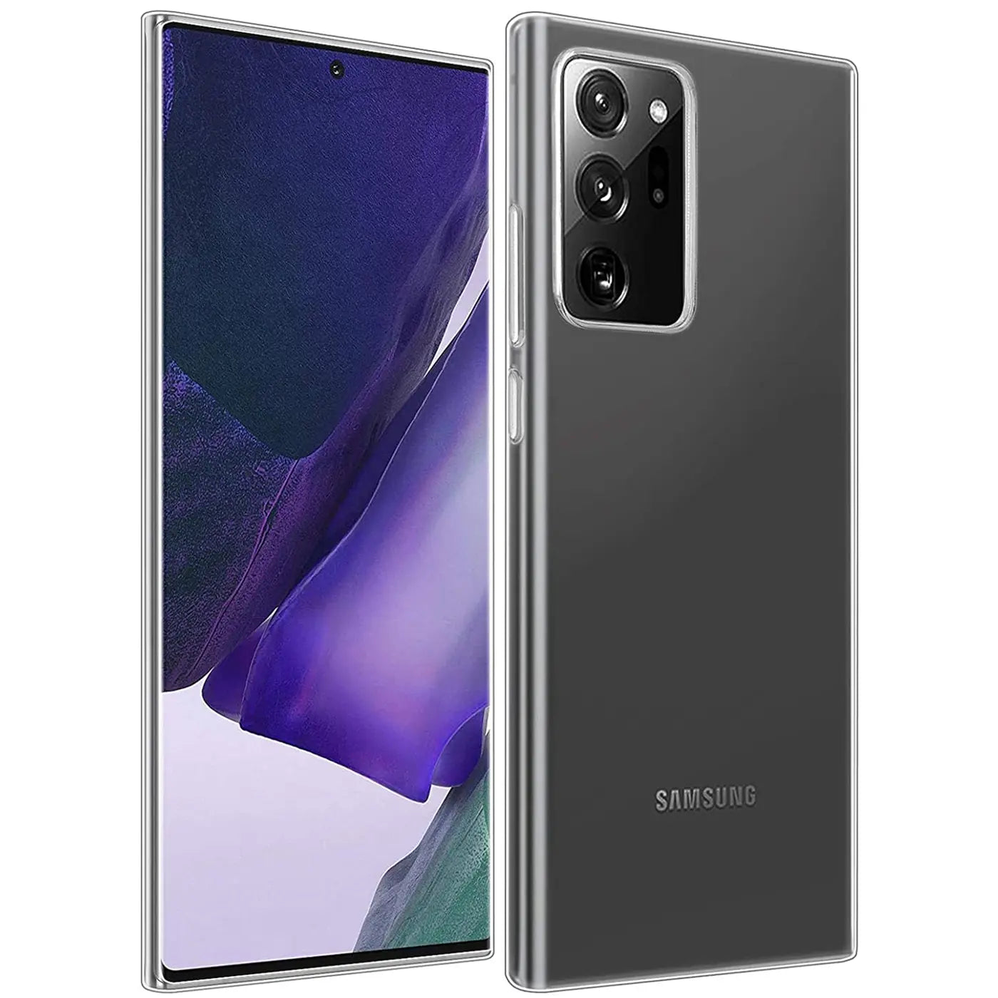 Samsung Galaxy Note 20 Ultra in transparentem Slim Case, Rückansicht und Vorderansicht.