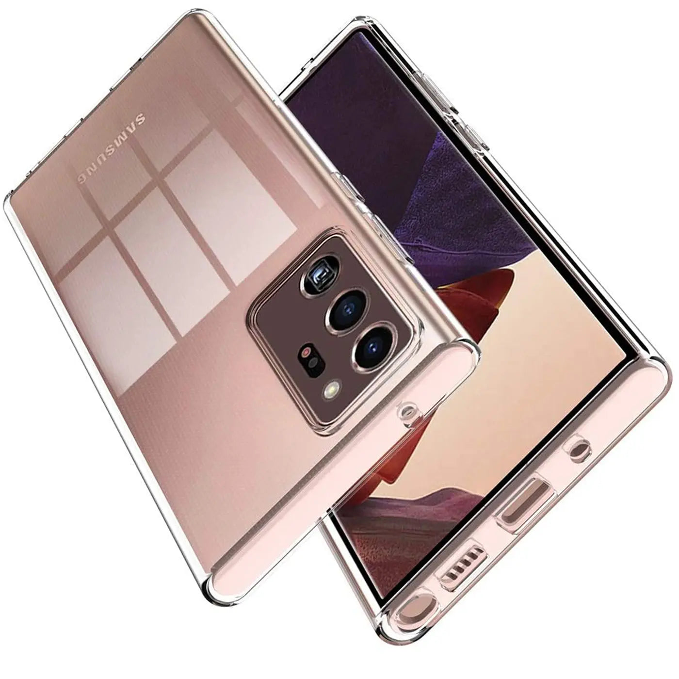 Samsung Galaxy Note 20 Ultra in klarer Hülle, von schräg oben, Rückseite und Display sichtbar.