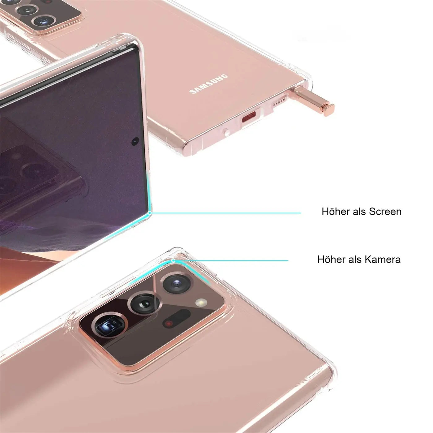Samsung Galaxy Note 20 Ultra in Roségold, klare Hülle, Nahaufnahme von Bildschirm und Kamera