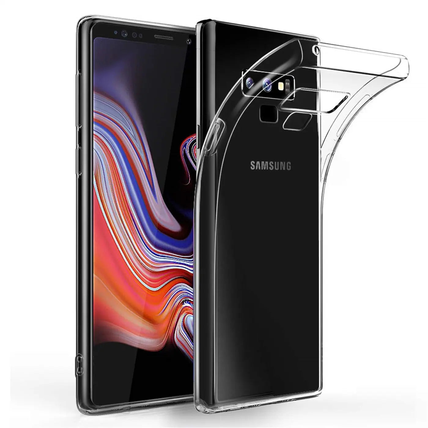 Klares, flexibles Handyhülle aus Kunststoff, zeigt Samsung Galaxy Note 9 von vorne und hinten.