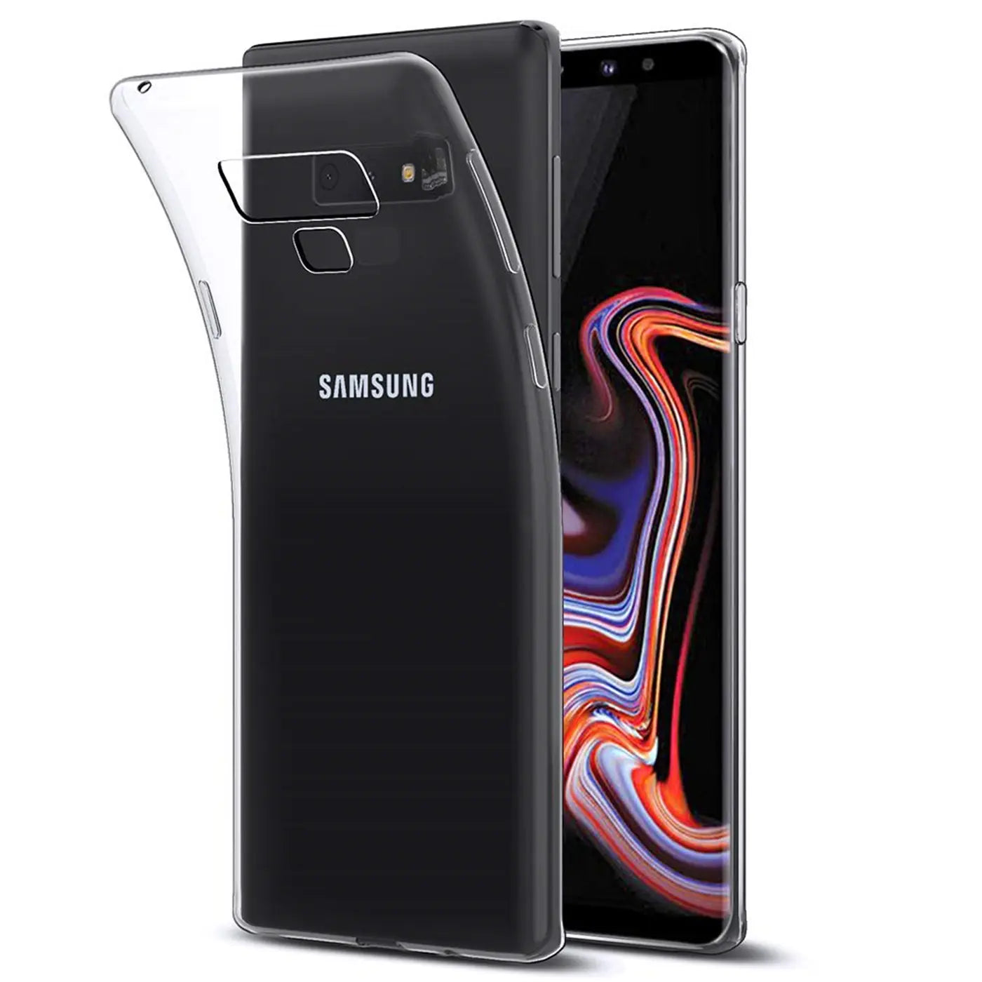 Klar, transparentes Slim Case auf einem Samsung Galaxy Note 9, von hinten und leicht schräg