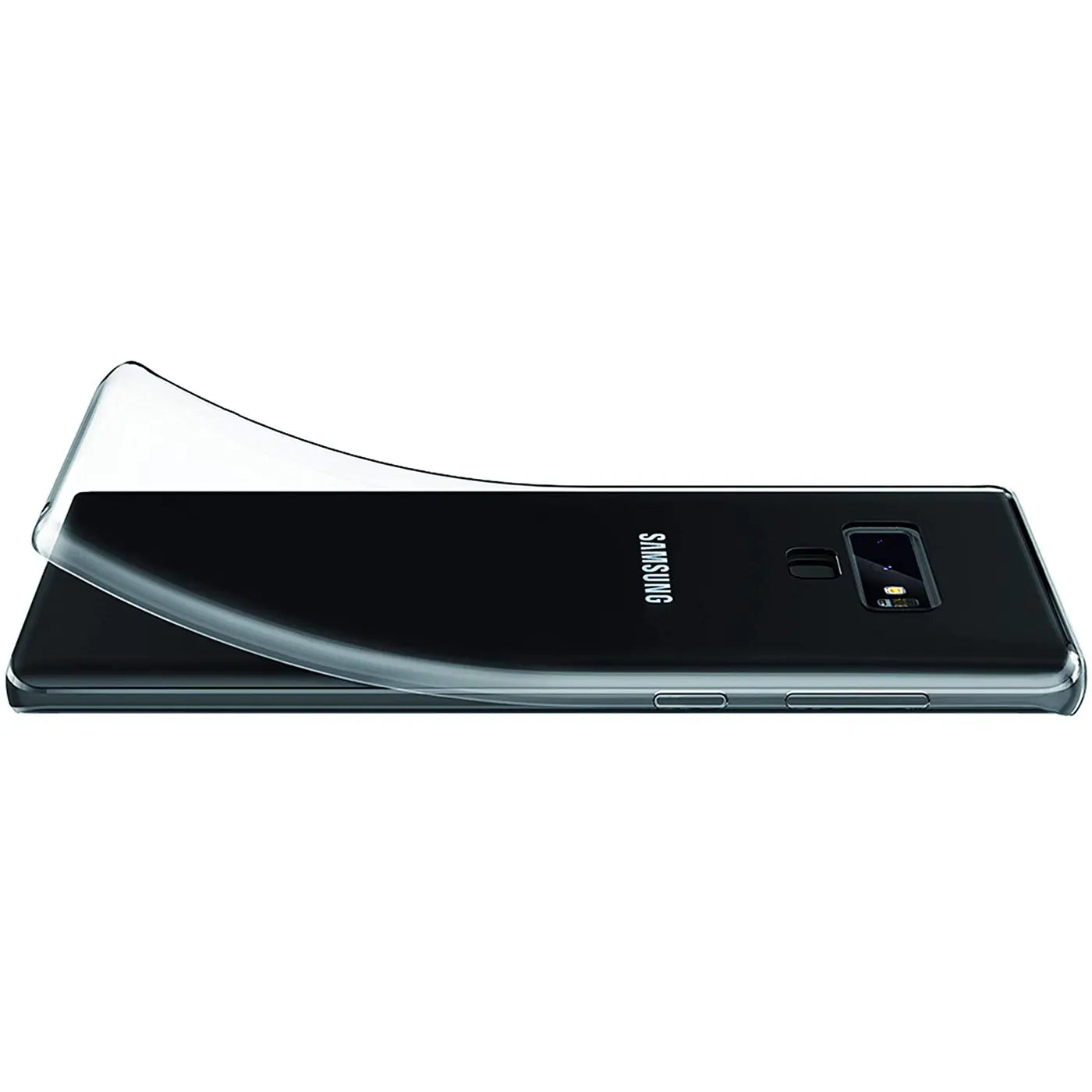 Klar transparente Hülle aus Silikon, von oben auf ein schwarzes Samsung Galaxy Note 9 gelegt.