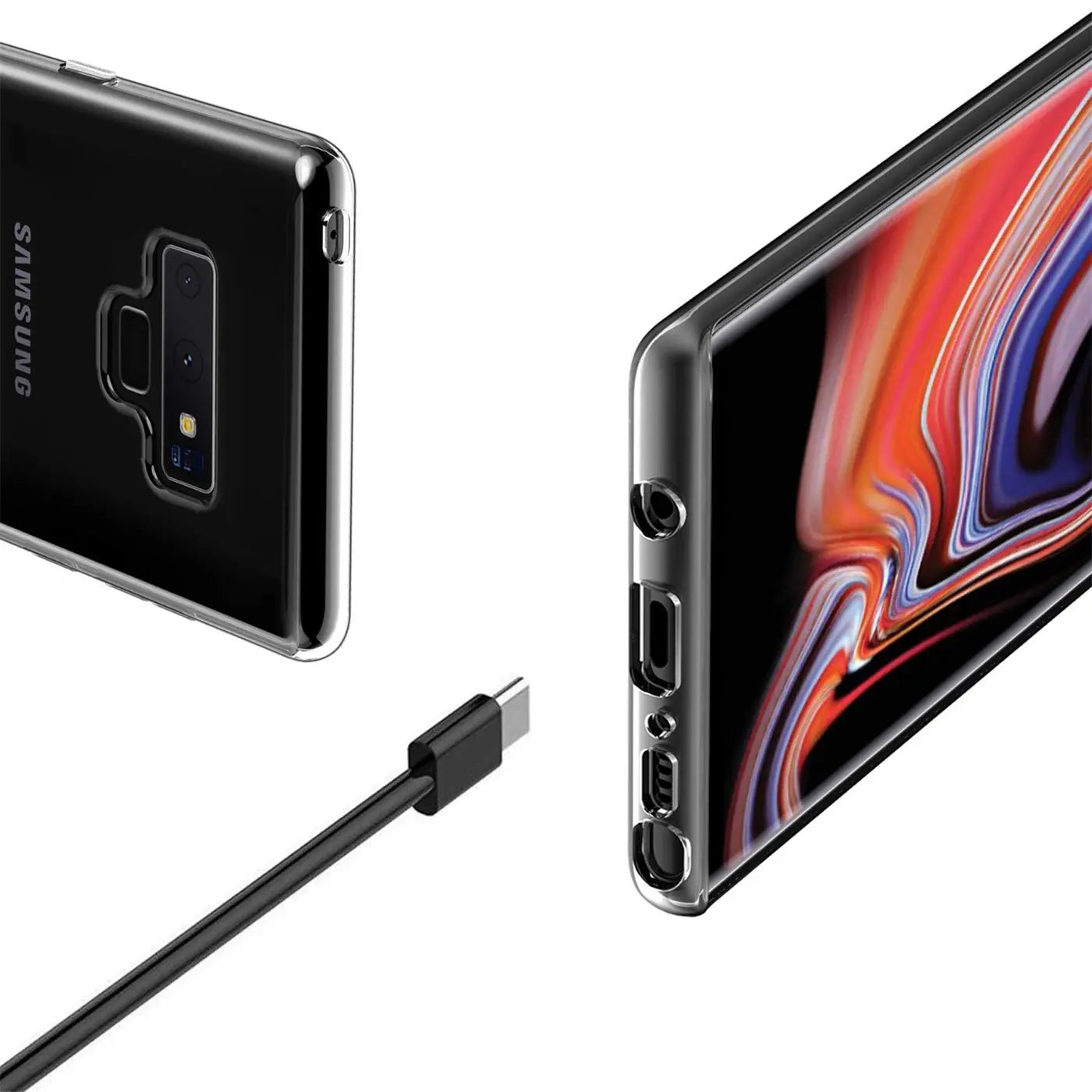 Samsung Galaxy Note 9 in klarem Case, von hinten und Seite, mit USB-C Kabel.