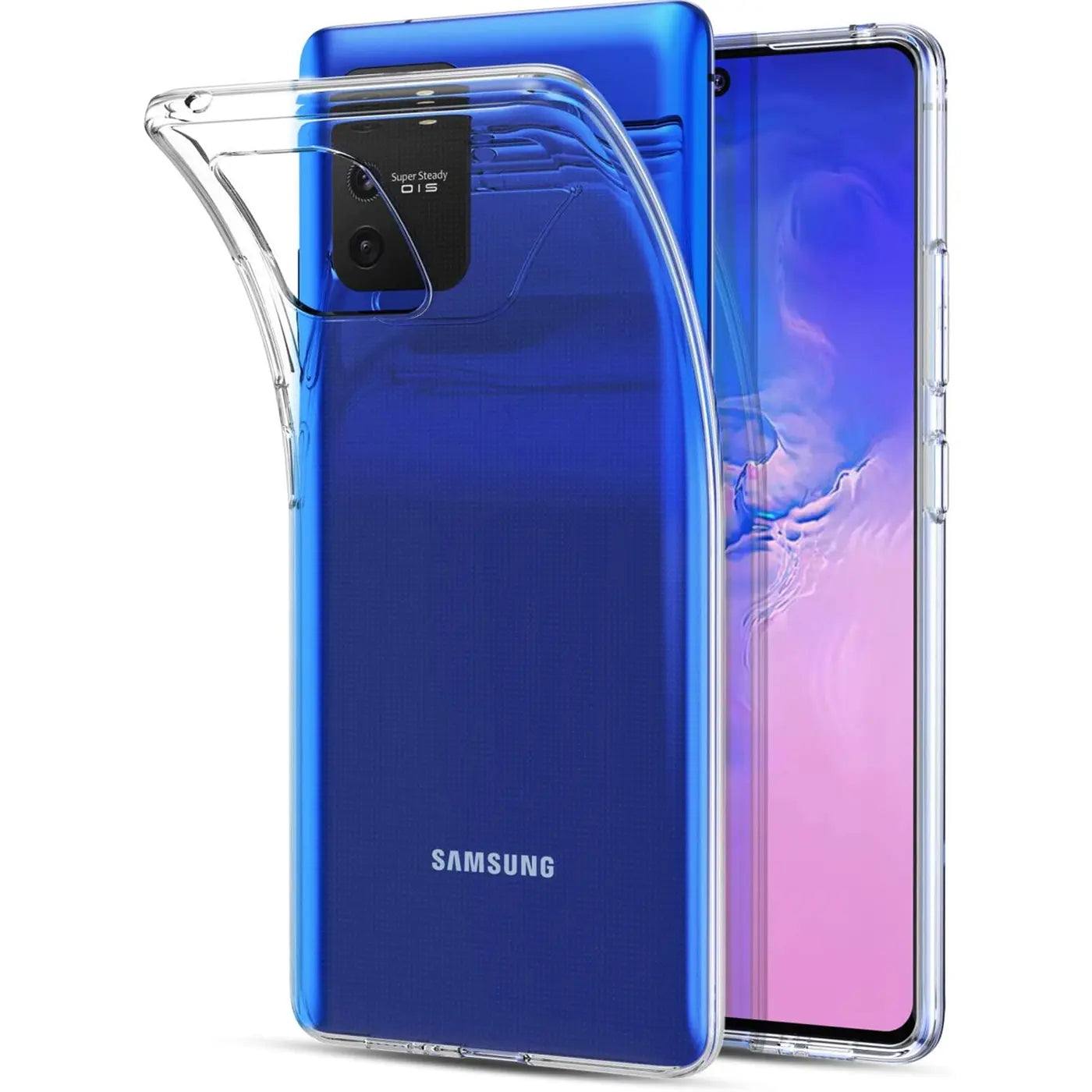 Klares, flexibles TPU-Case auf einem blauen Samsung Galaxy S10 Lite, von vorne links gezeigt.