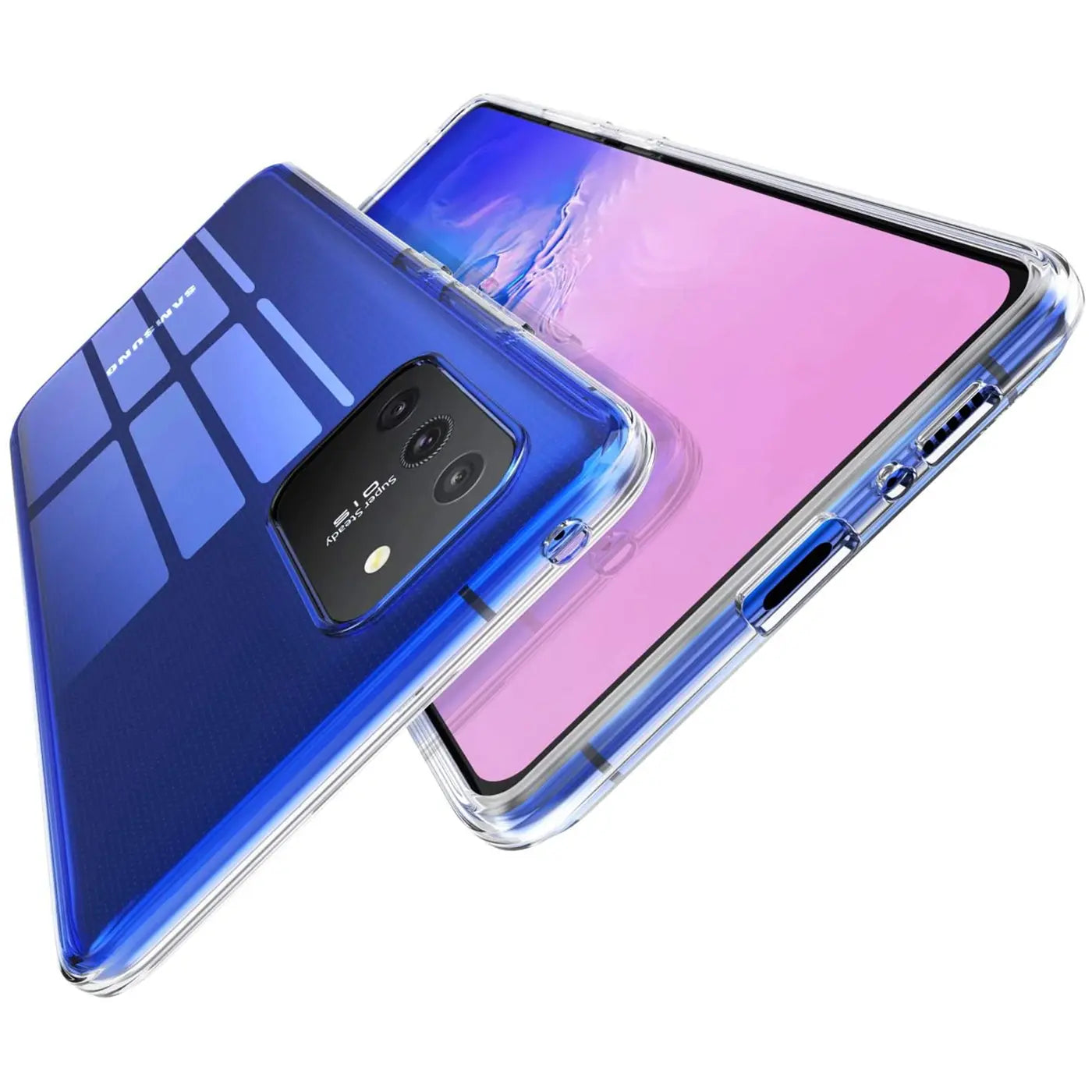 Samsung Galaxy S10 Lite in transparentem Case, von schräg oben, Rückseite blau.
