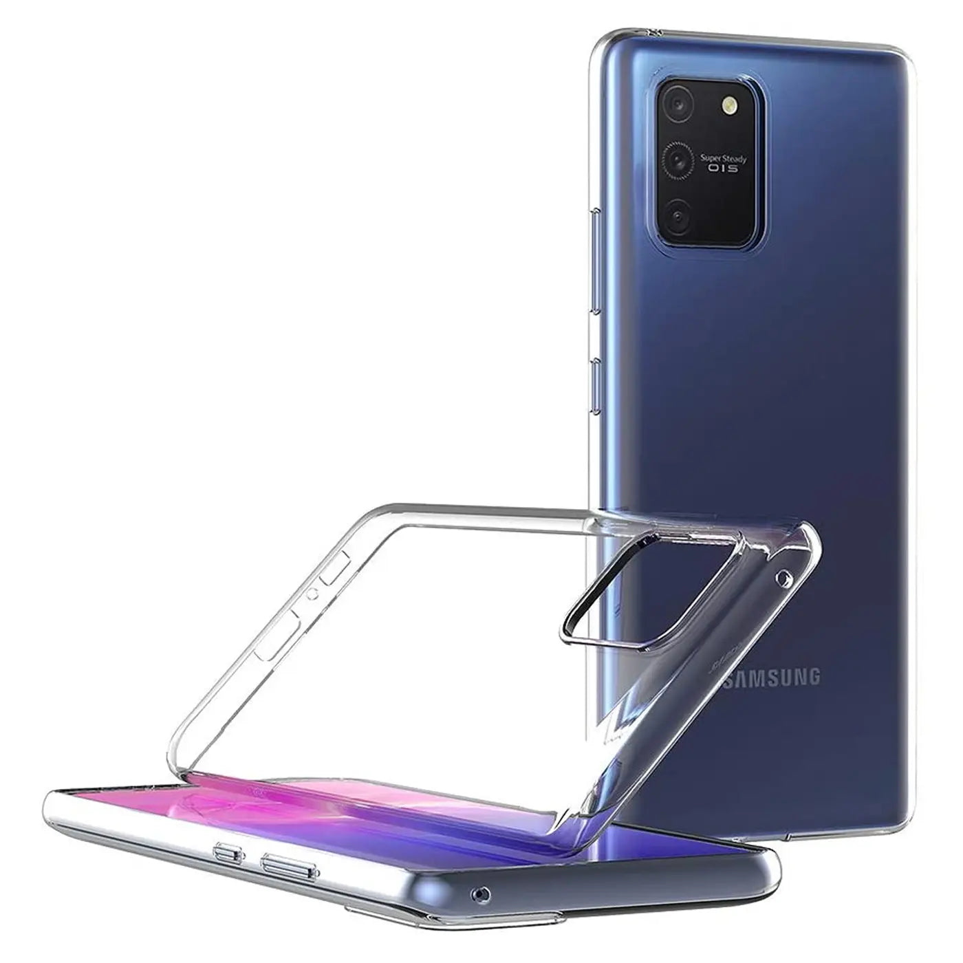 Klarer Handyhülle aus Kunststoff, die auf ein blaues Samsung Galaxy S10 Lite aufgesetzt wird.