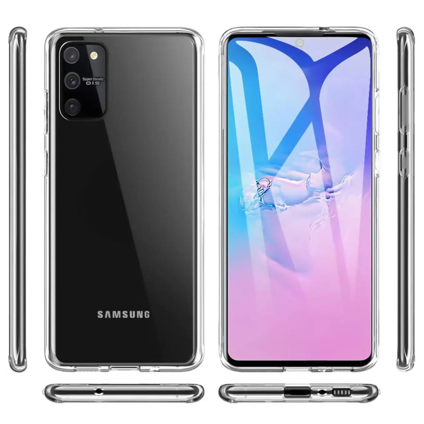 Samsung Galaxy S10 Lite in klarem, dünnem Kunststoff-Case, Vorder- und Rückansicht, Seitenansichten.