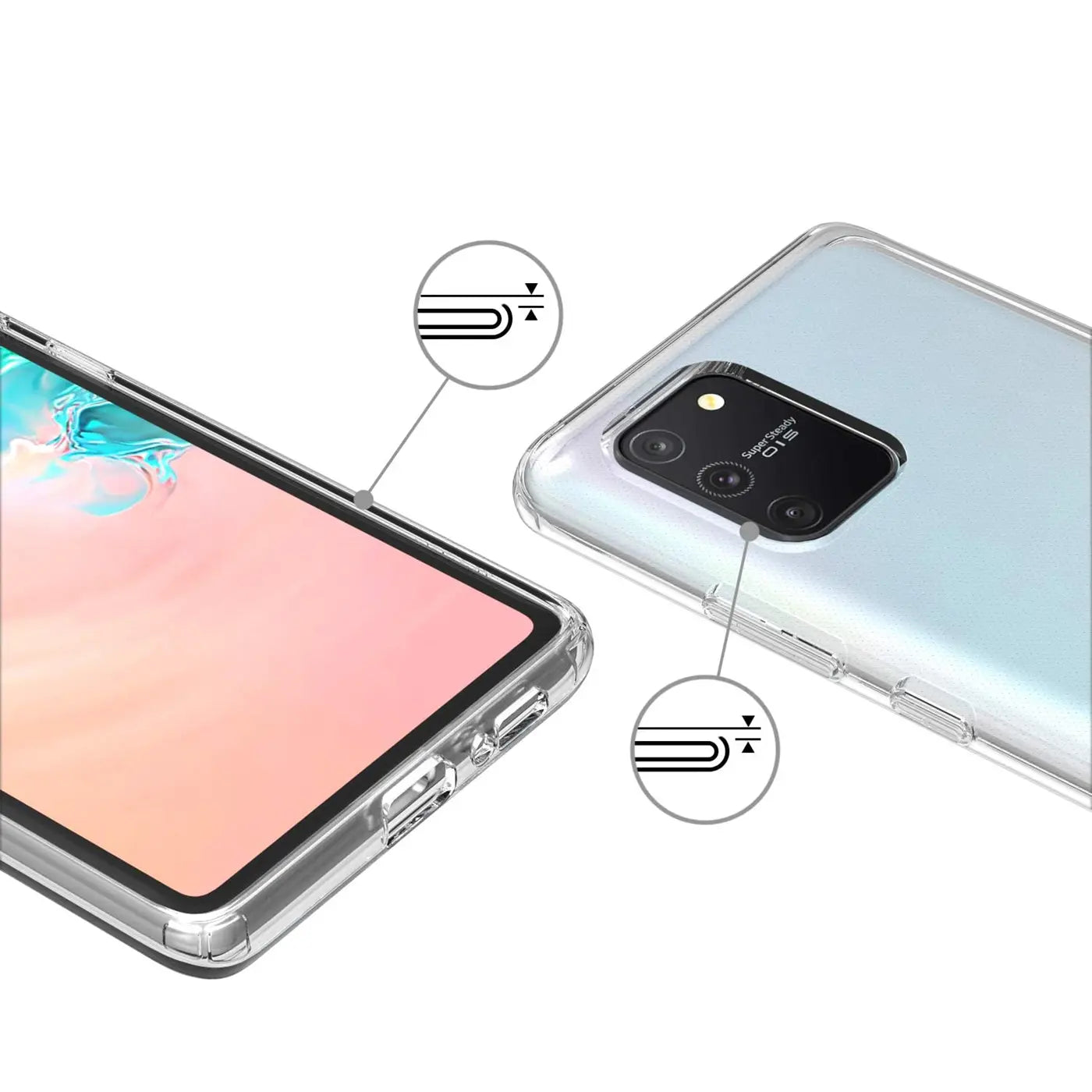 Samsung Galaxy S10 Lite mit transparentem Slim Case, Nahaufnahme, von vorne und hinten, aus Kunststoff.