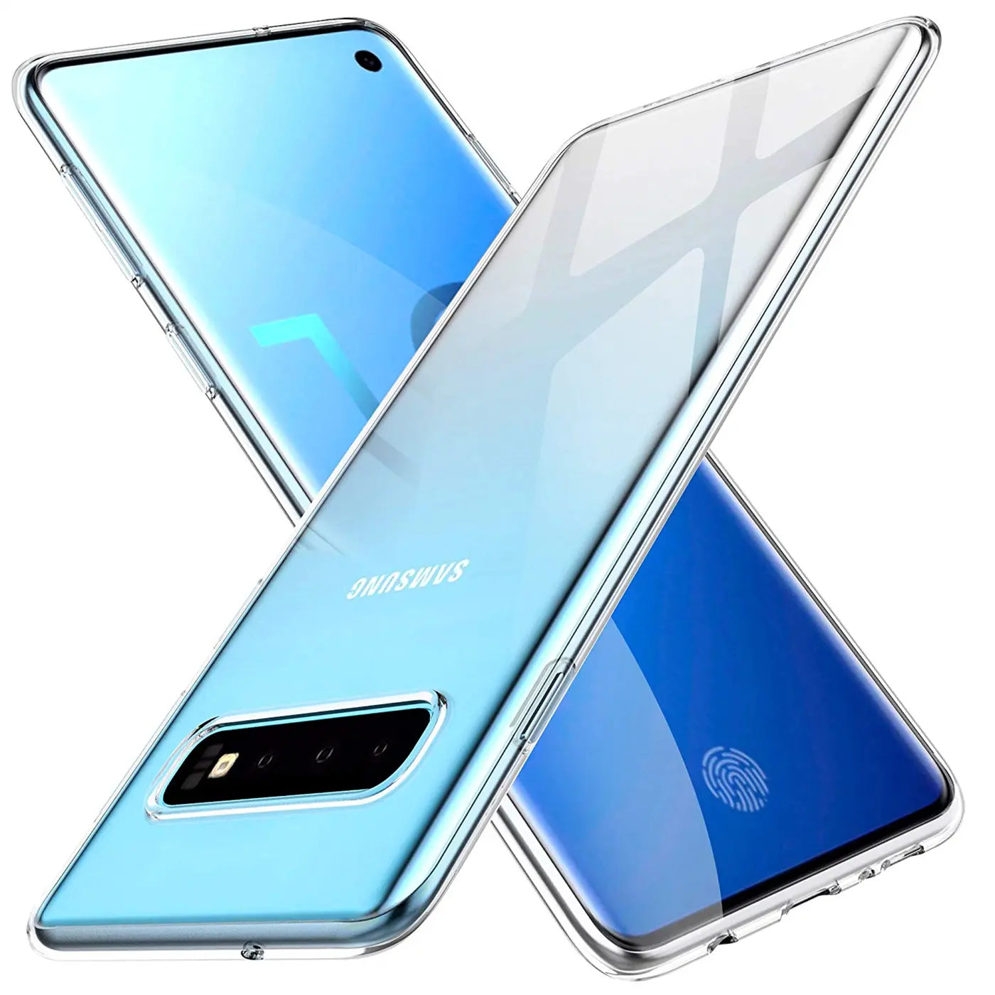 Klares Slim Case aus Kunststoff, zwei Samsung Galaxy S10 Plus, von oben/schräg.