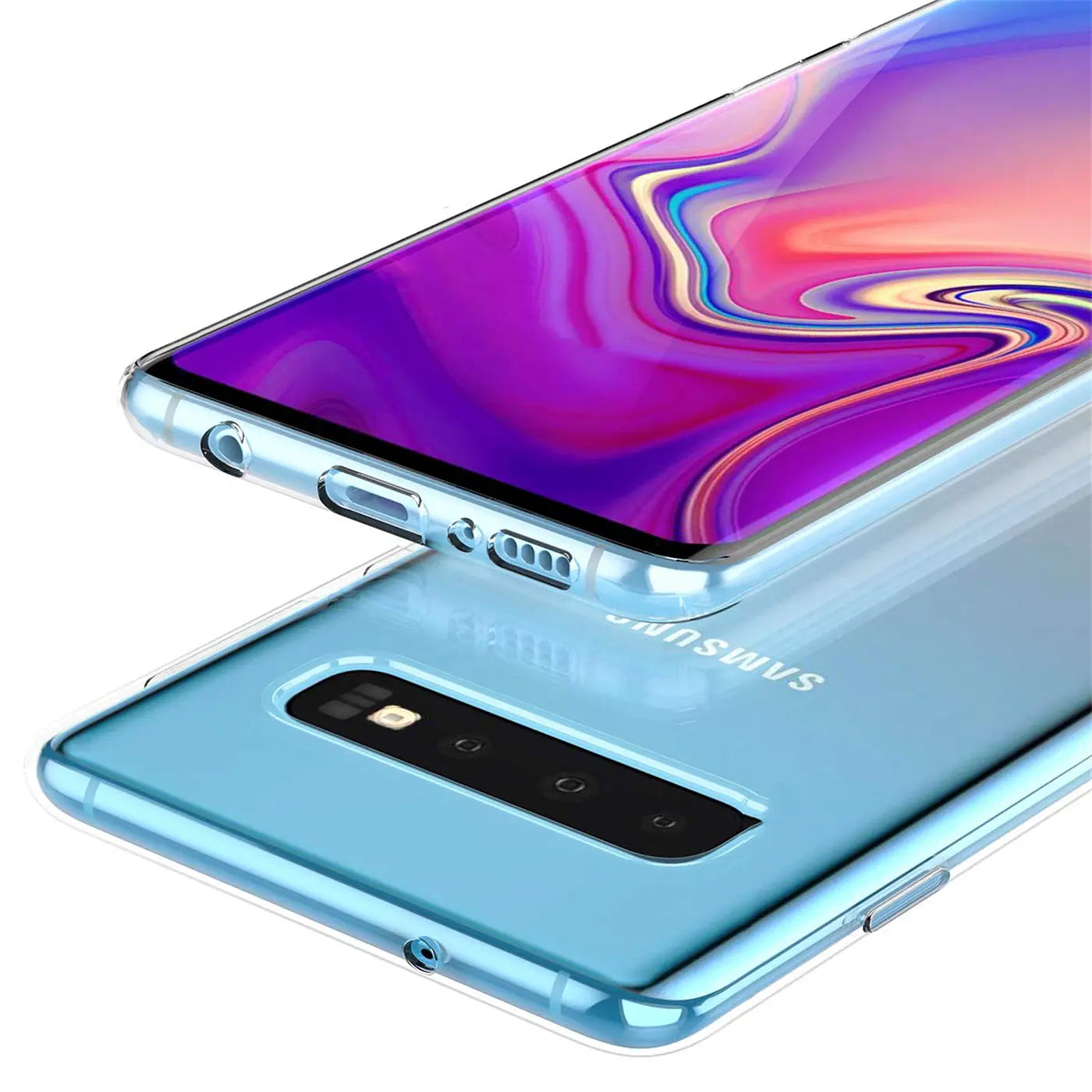 Samsung Galaxy S10 Plus in transparentem Case, Nahaufnahme von oben, Rückseite und Seite sichtbar.