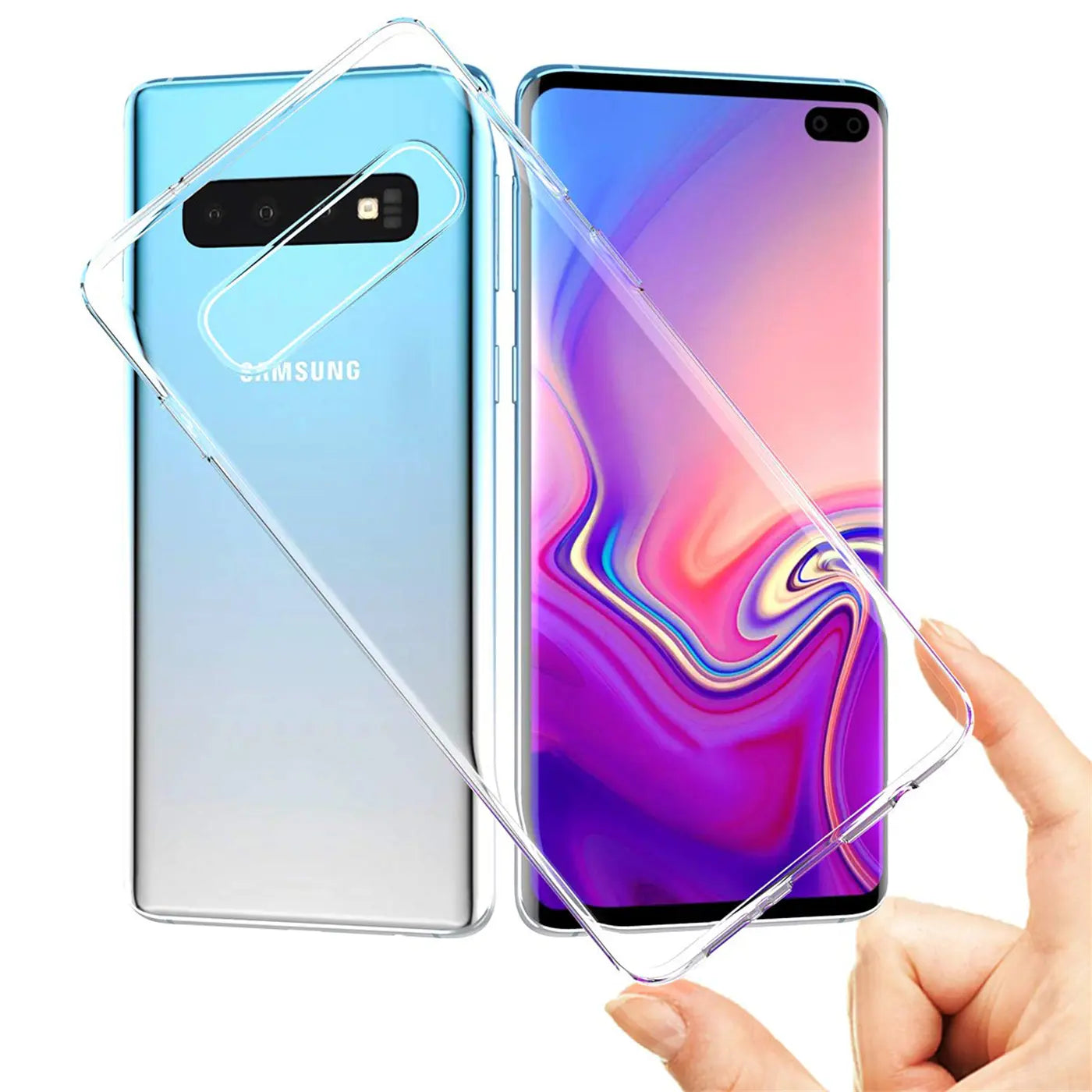 Samsung Galaxy S10 Plus mit durchsichtiger Hülle, von vorne und hinten gezeigt, von einer Hand gehalten.