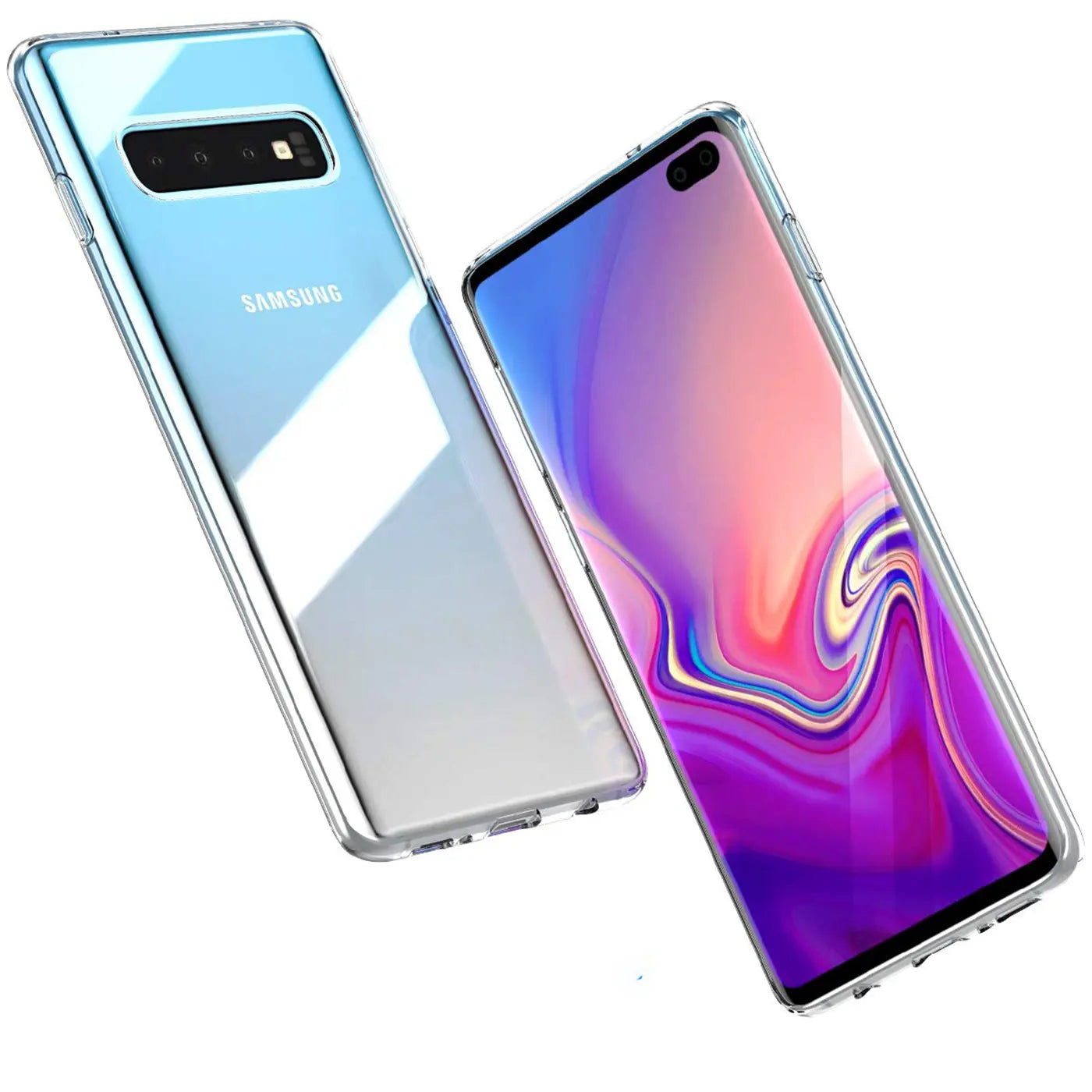 Samsung Galaxy S10 Plus in klarem, dünnem Kunststoffgehäuse, von oben/seitlich gezeigt.