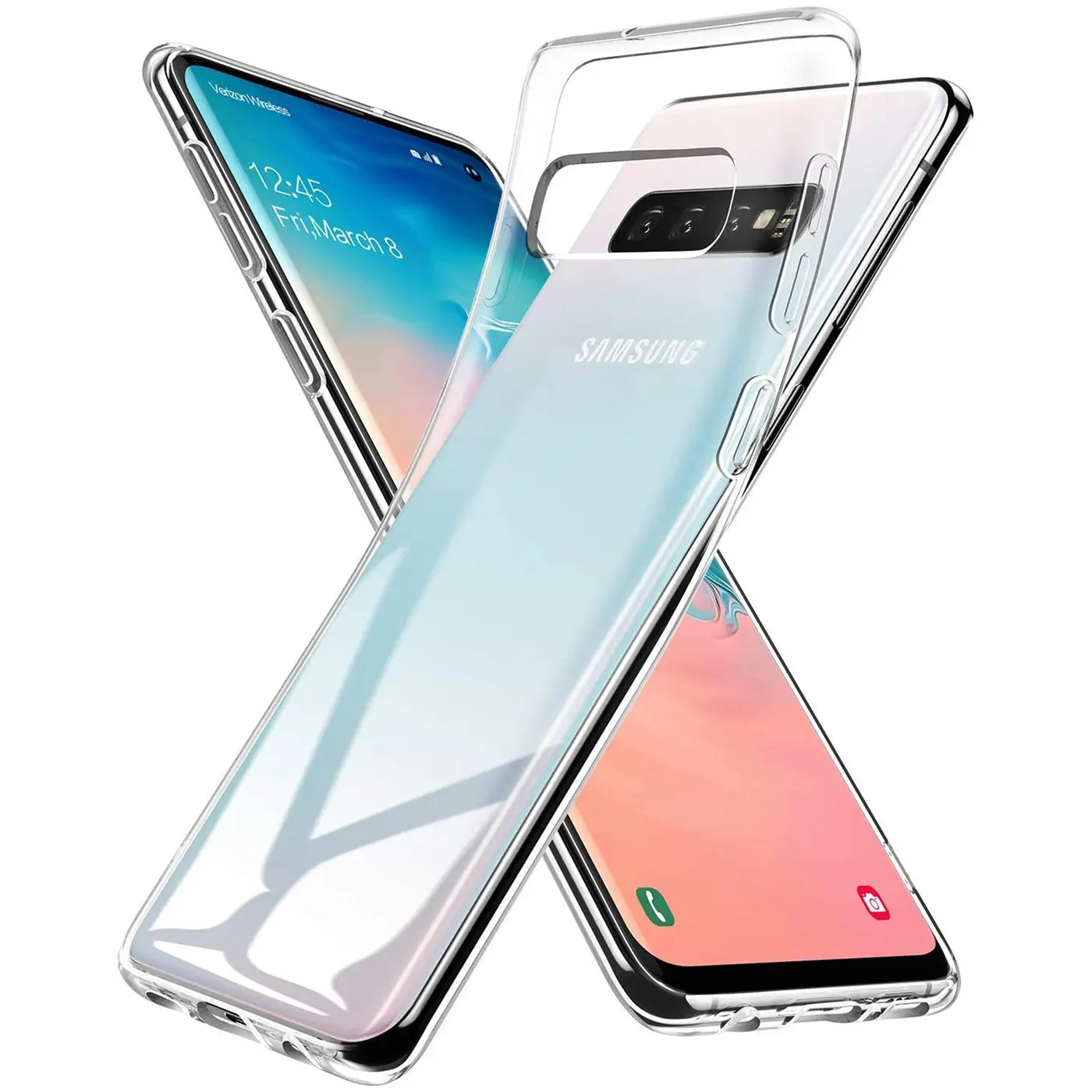 Klares, dünnes Handycase aus Kunststoff, das ein Samsung Galaxy S10 schützt.