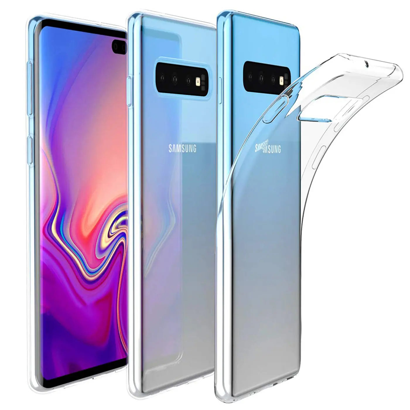 Samsung Galaxy S10 in klarem, flexiblem Silikoncase, von vorne und hinten gezeigt.